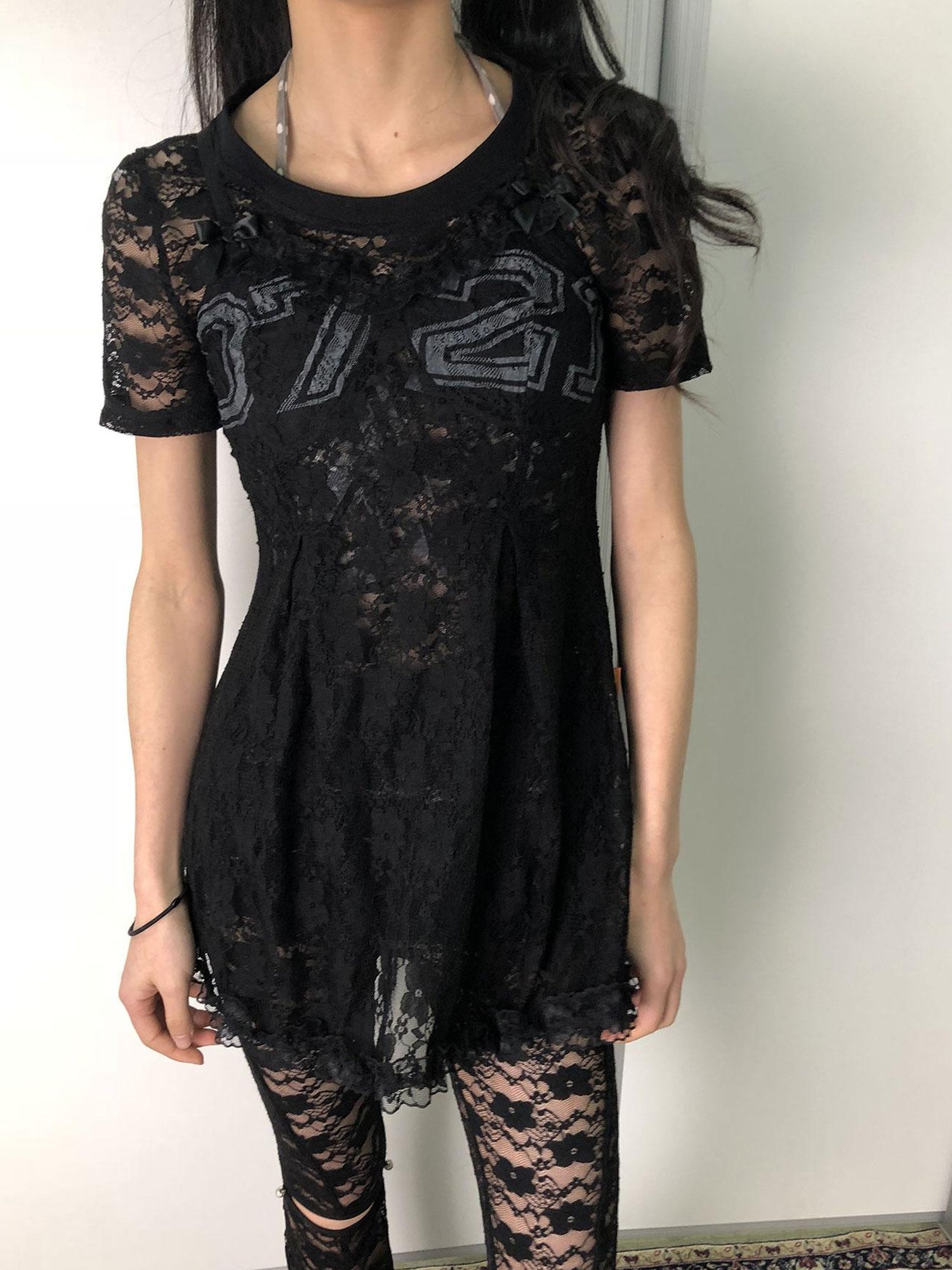Achihara Breton Camellia Lace Slip Dress V Neck T Shirt Long Sleeve