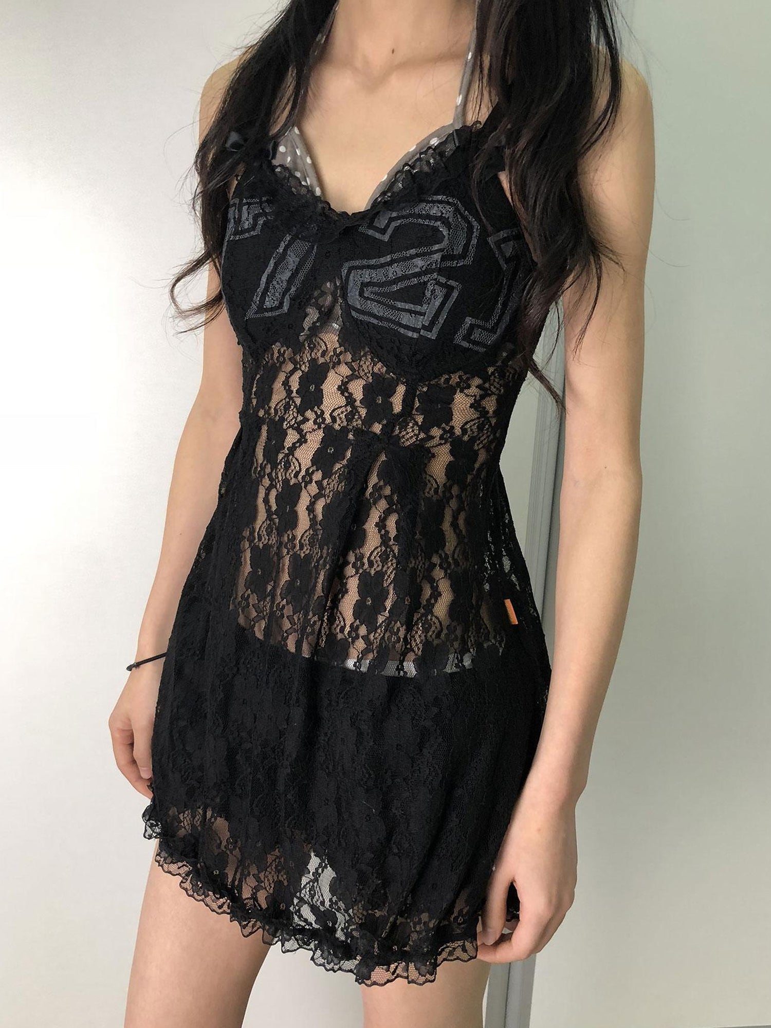 Achihara Breton Camellia Lace Slip Dress V Neck T Shirt Long Sleeve