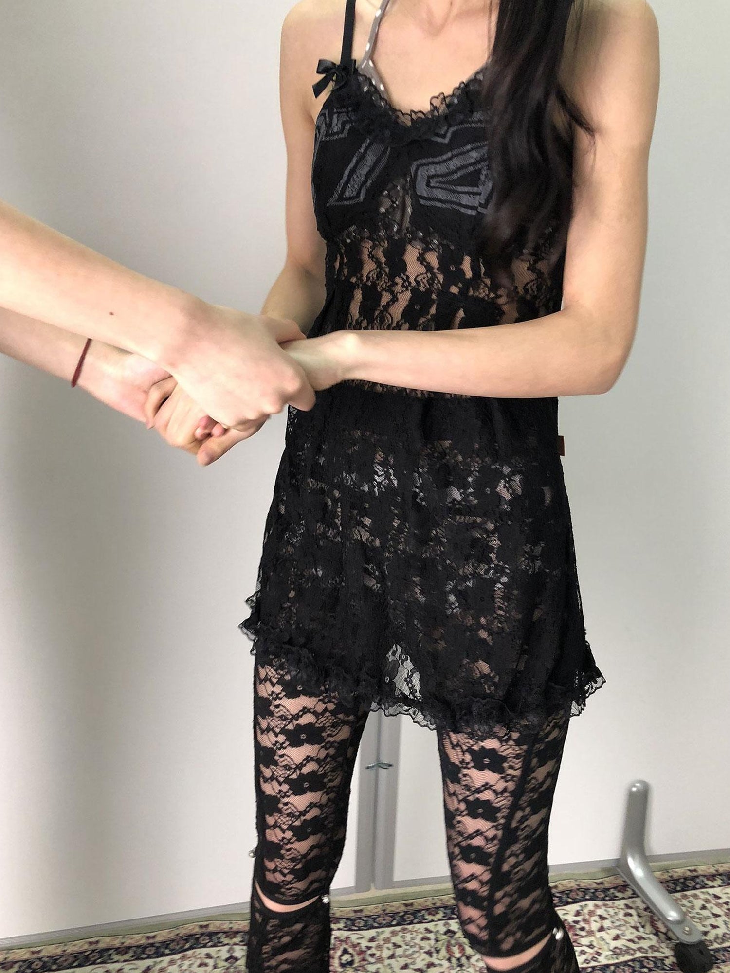 Achihara Breton Camellia Lace Slip Dress V Neck T Shirt Long Sleeve