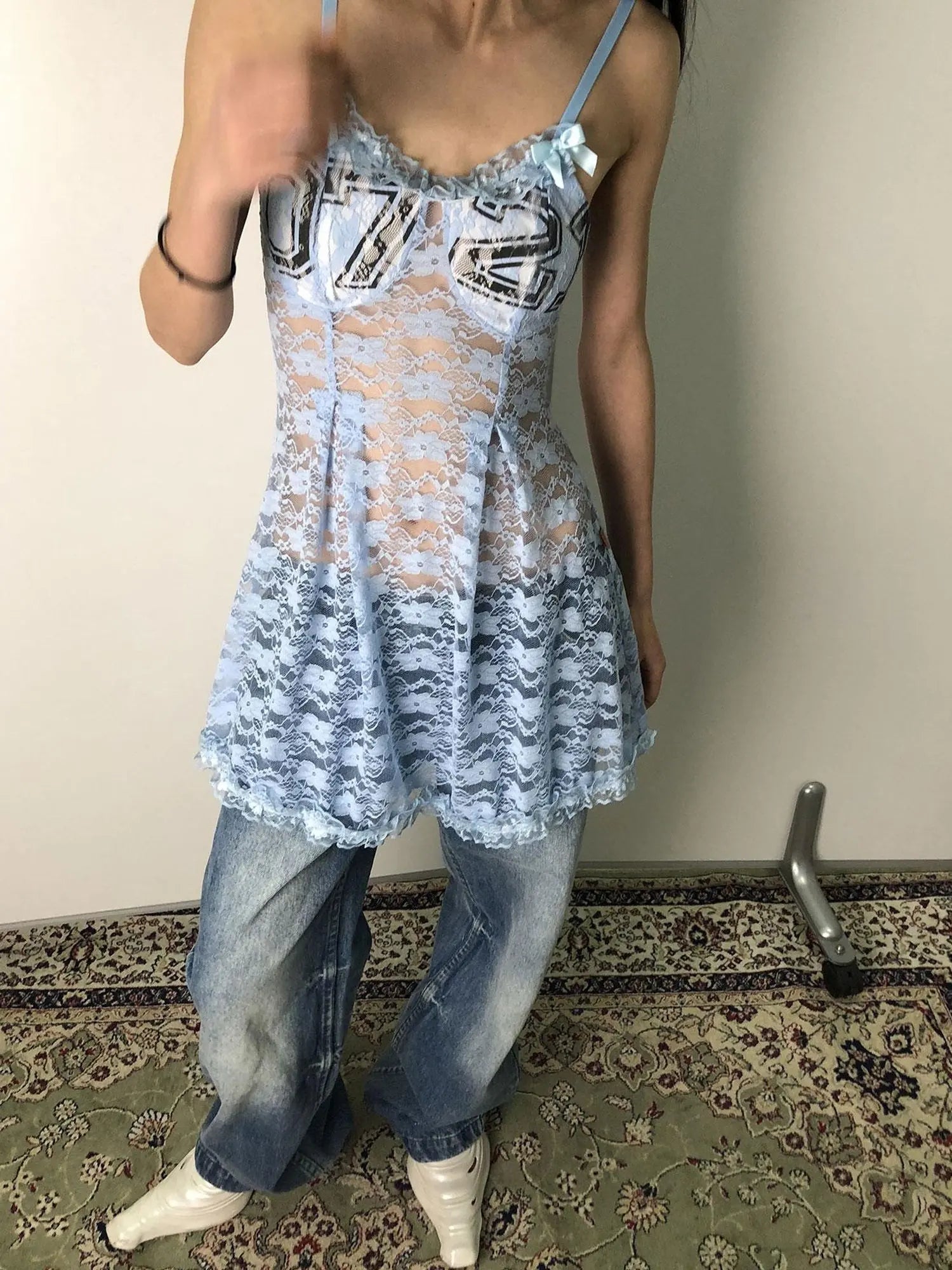 Breton Camellia Lace Slip Dress V Neck T Shirt Long Sleeve