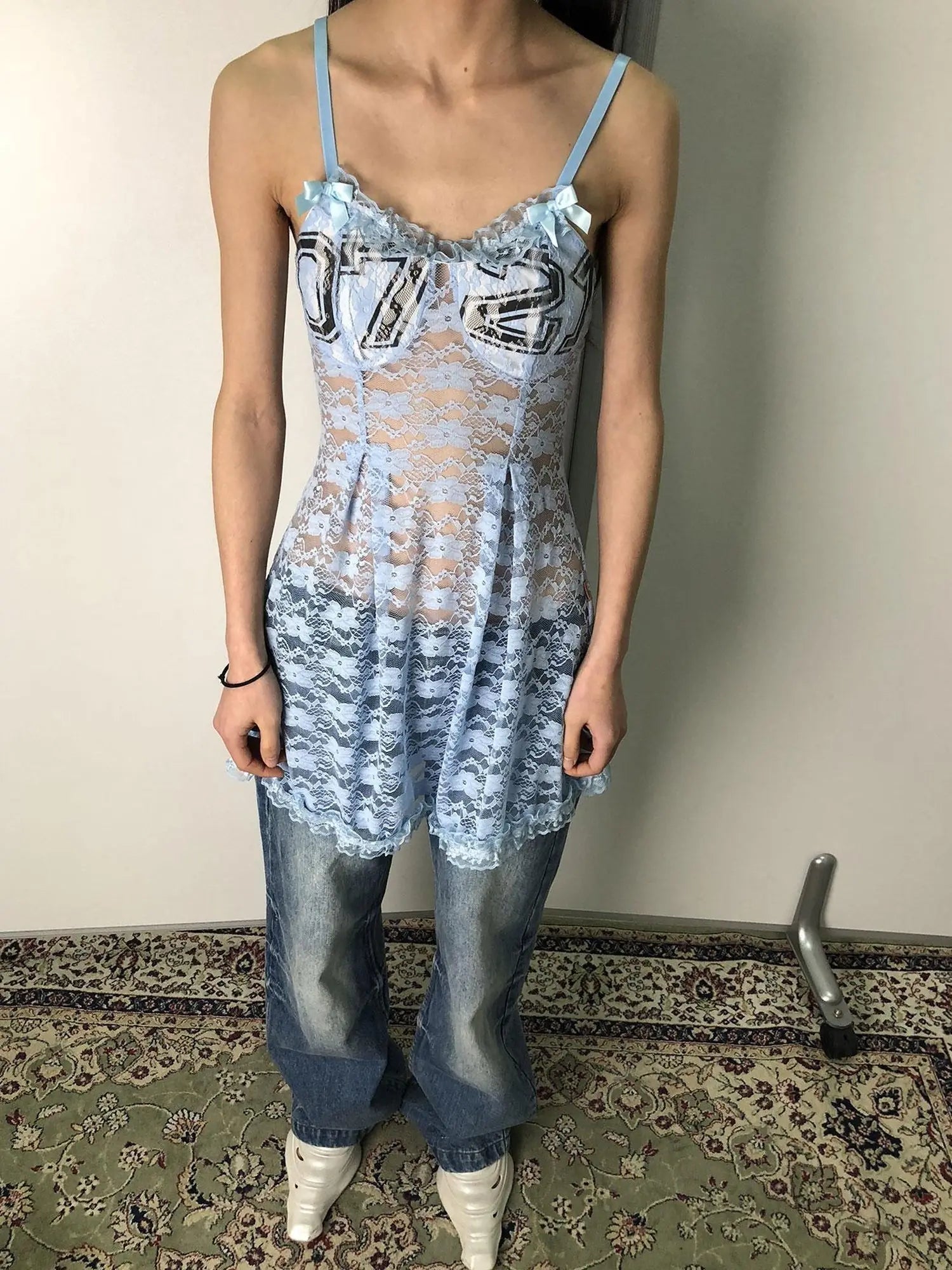 Breton Camellia Lace Slip Dress V Neck T Shirt Long Sleeve