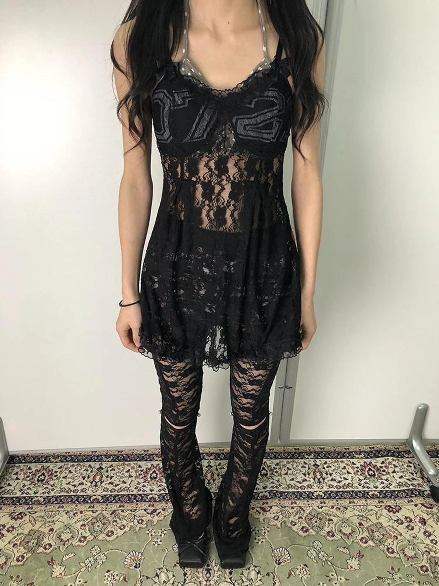 Breton Camellia Lace Slip Dress V Neck T Shirt Long Sleeve