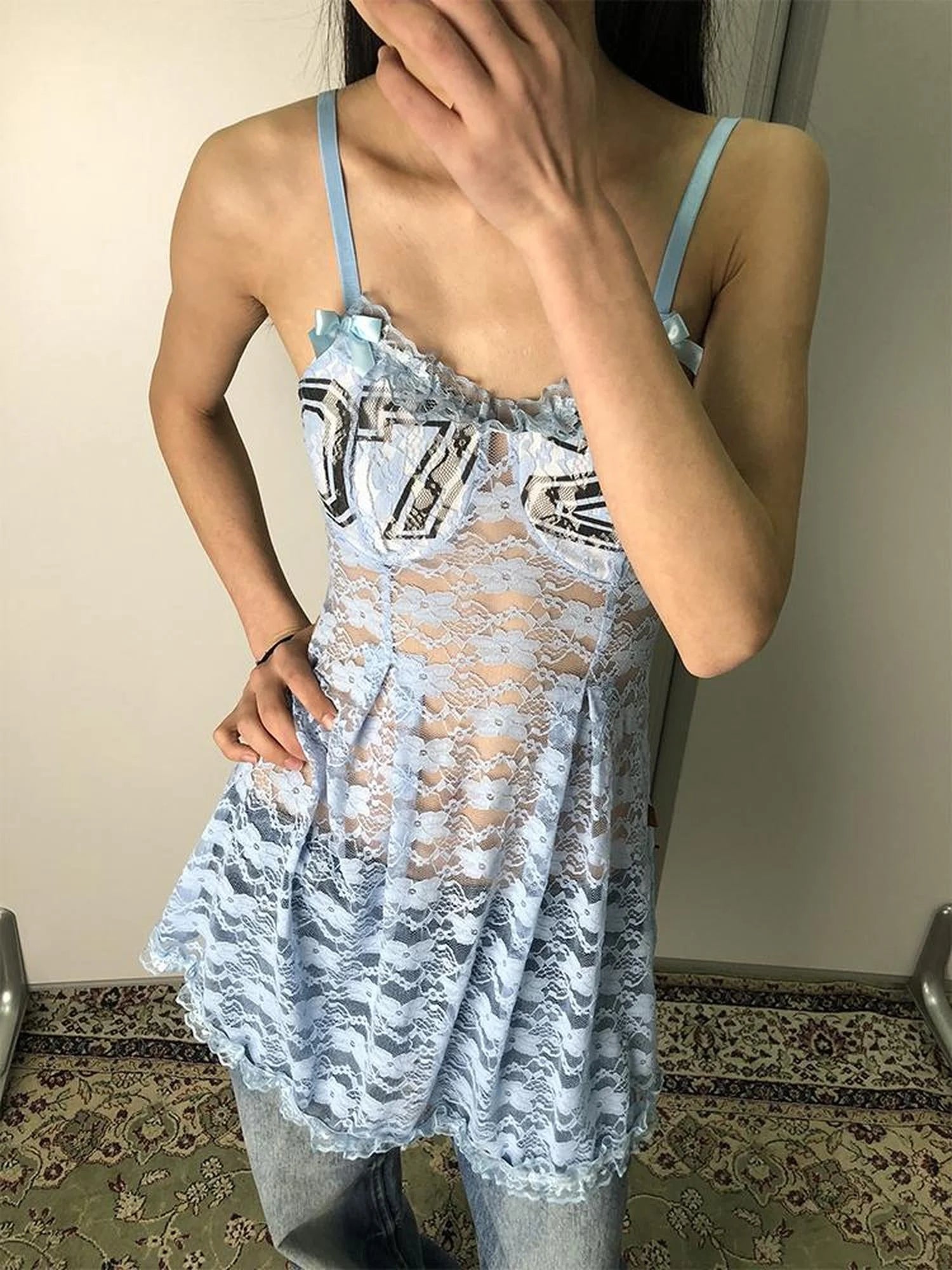 Breton Camellia Lace Slip Dress V Neck T Shirt Long Sleeve