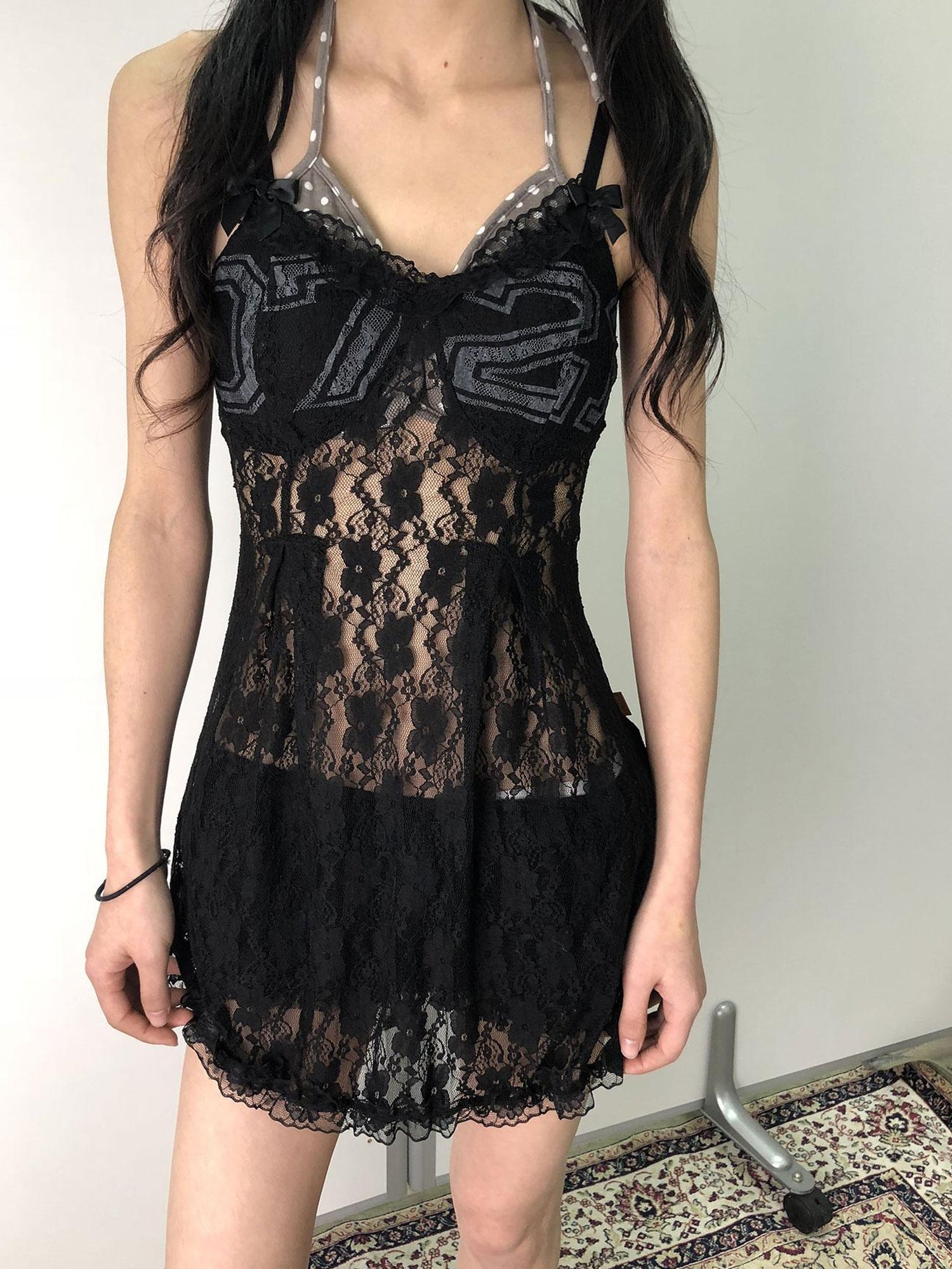Achihara Breton Camellia Lace Slip Dress V Neck T Shirt Long Sleeve