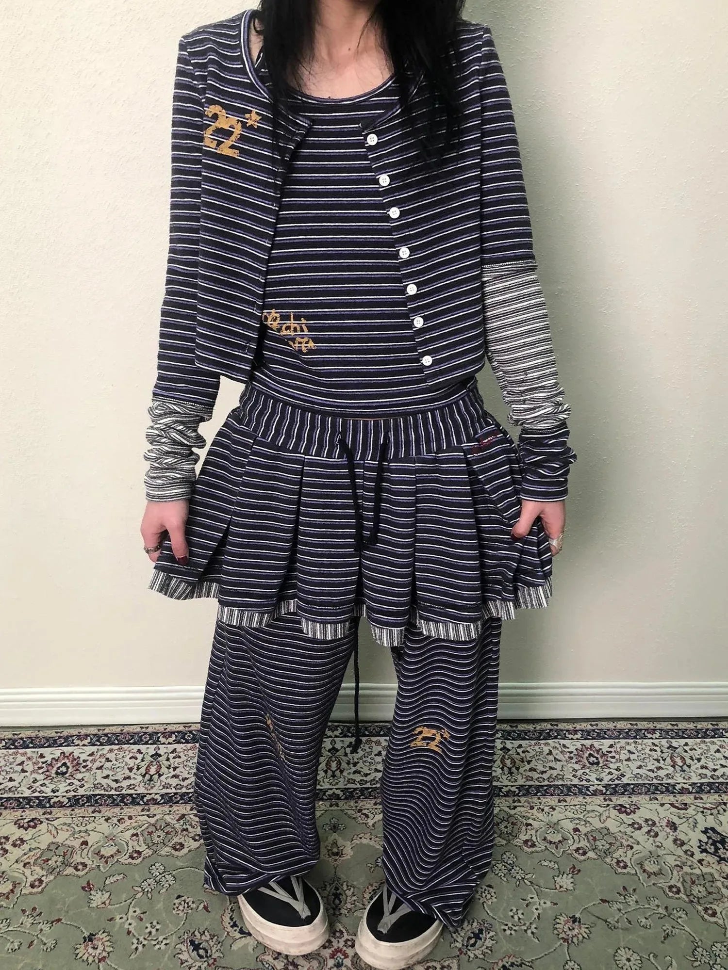 Breton Star Spot Pleated Mini Skirt Stretch Knit A Line
