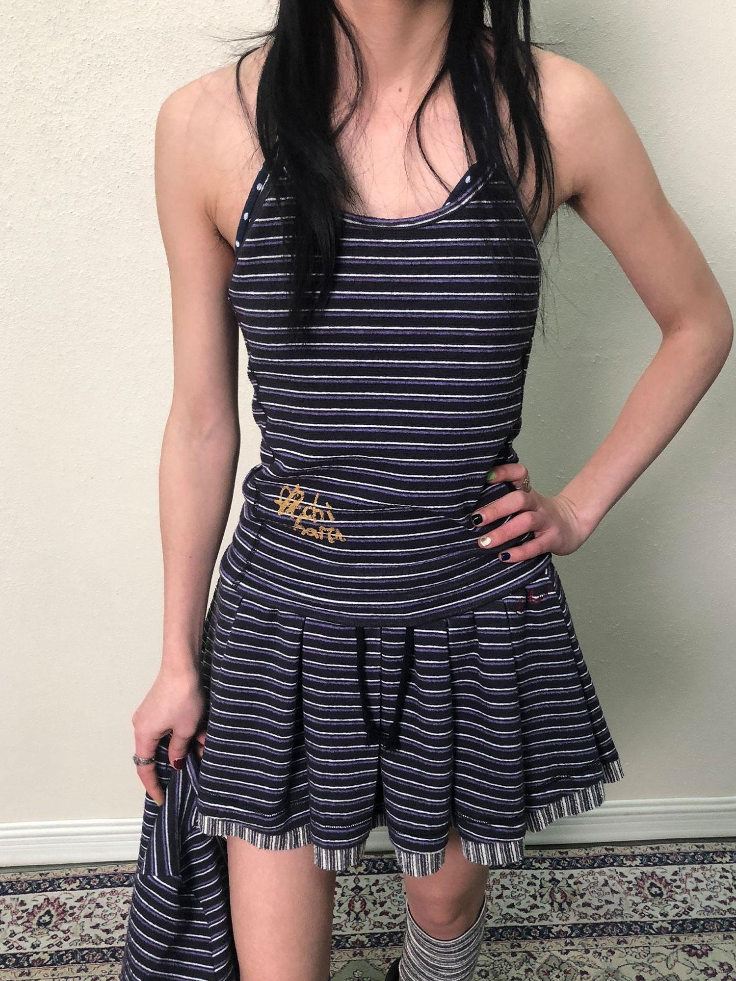 Achihara Breton Star Spot Pleated Mini Skirt Stretch Knit A Line