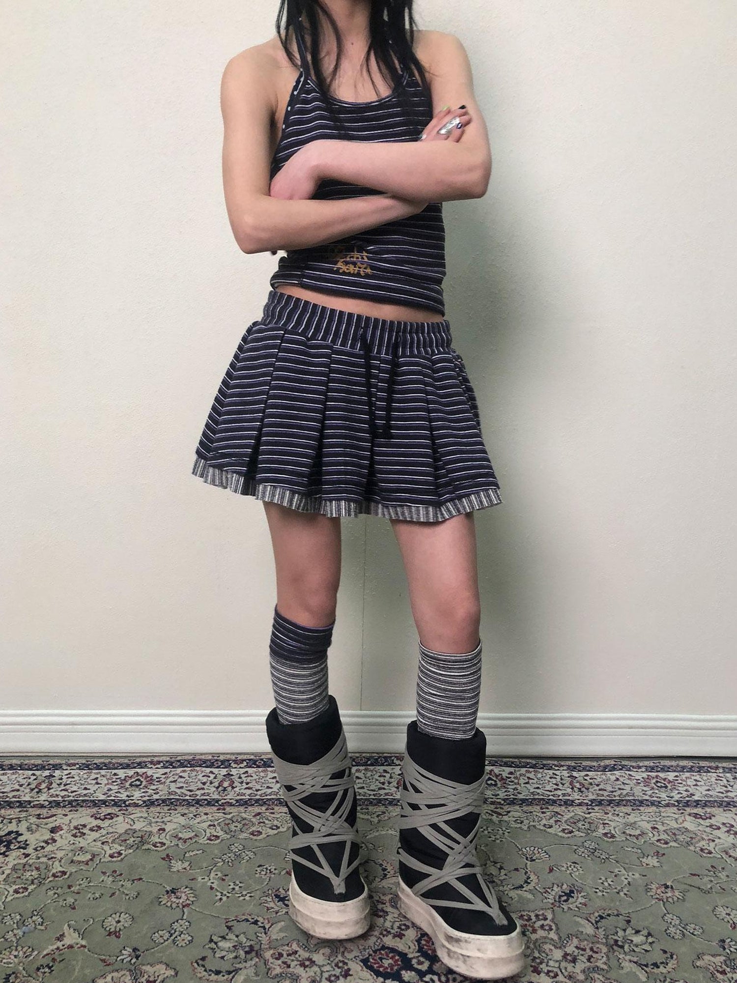Achihara Breton Star Spot Pleated Mini Skirt Stretch Knit A Line