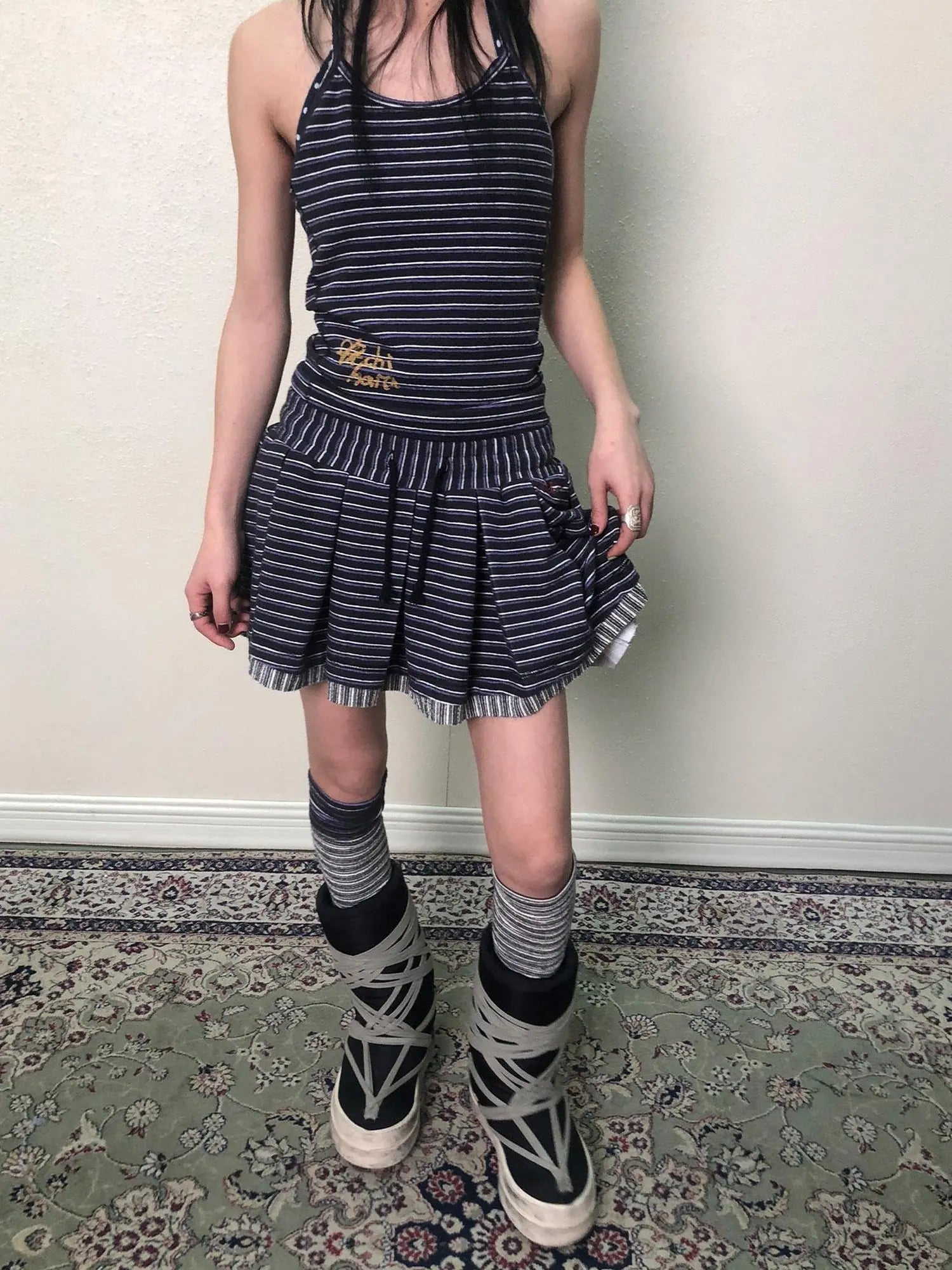 Breton Star Spot Pleated Mini Skirt Stretch Knit A Line