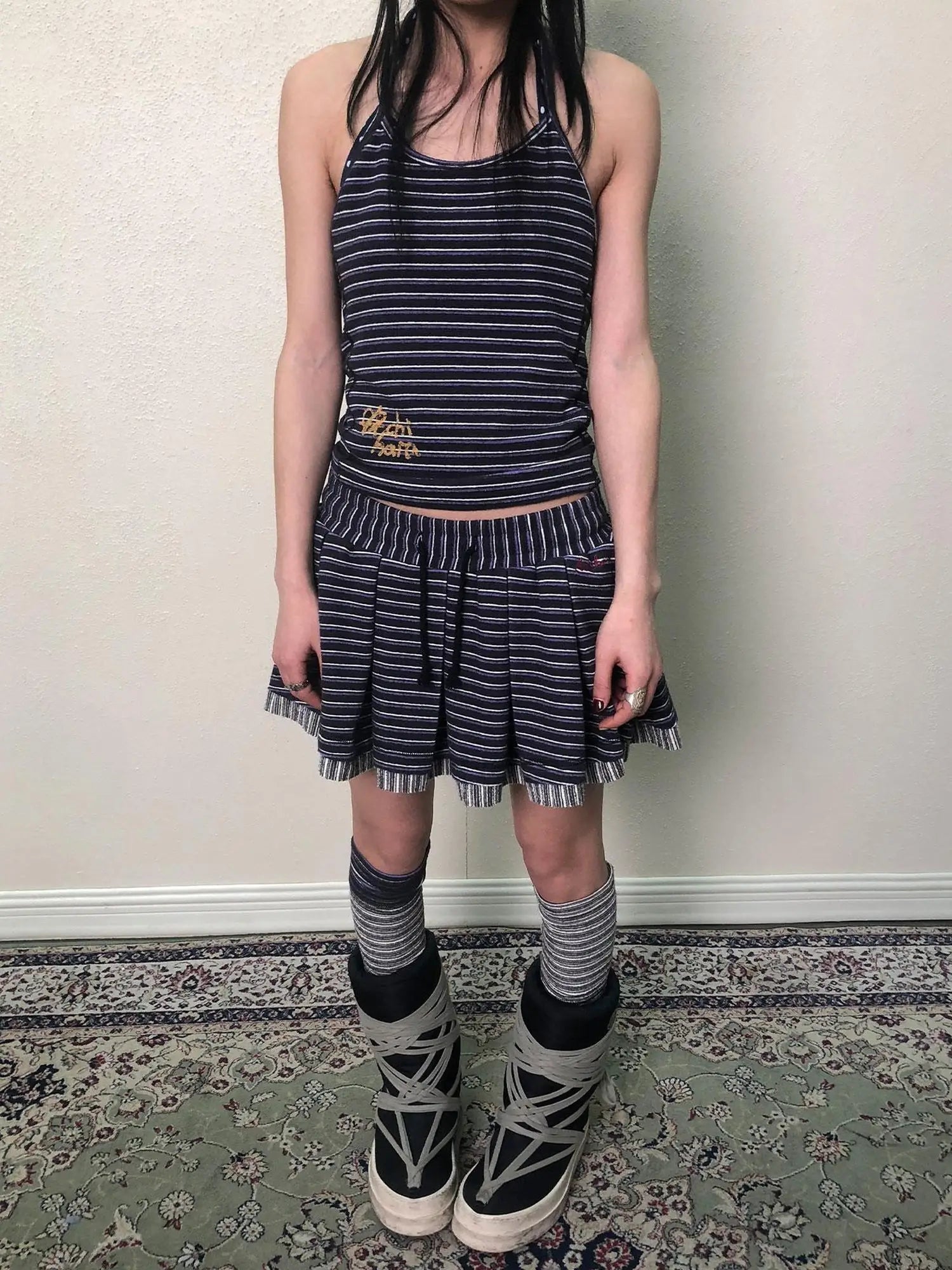 Breton Star Spot Pleated Mini Skirt Stretch Knit A Line