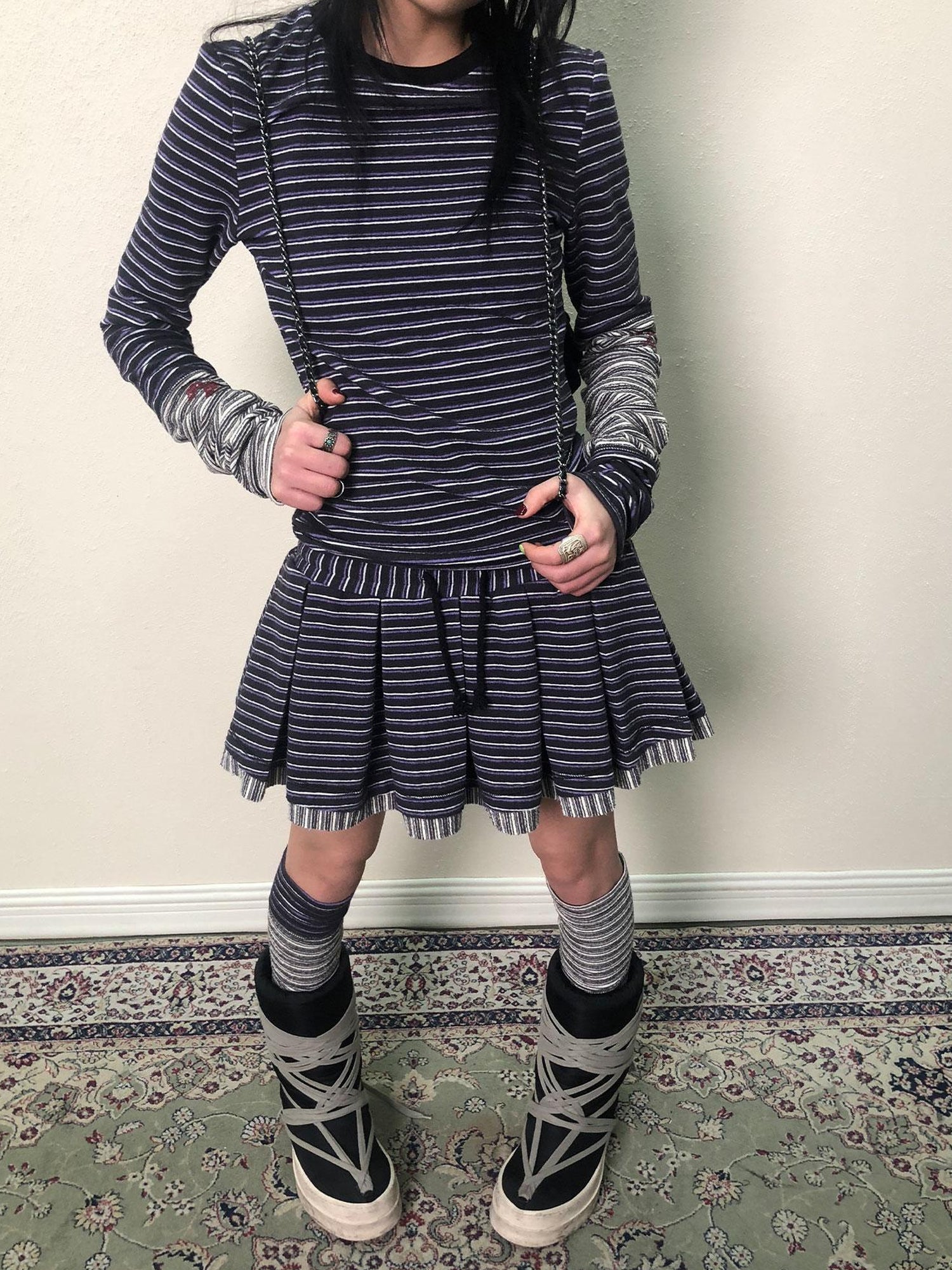 Achihara Breton Star Spot Pleated Mini Skirt Stretch Knit A Line