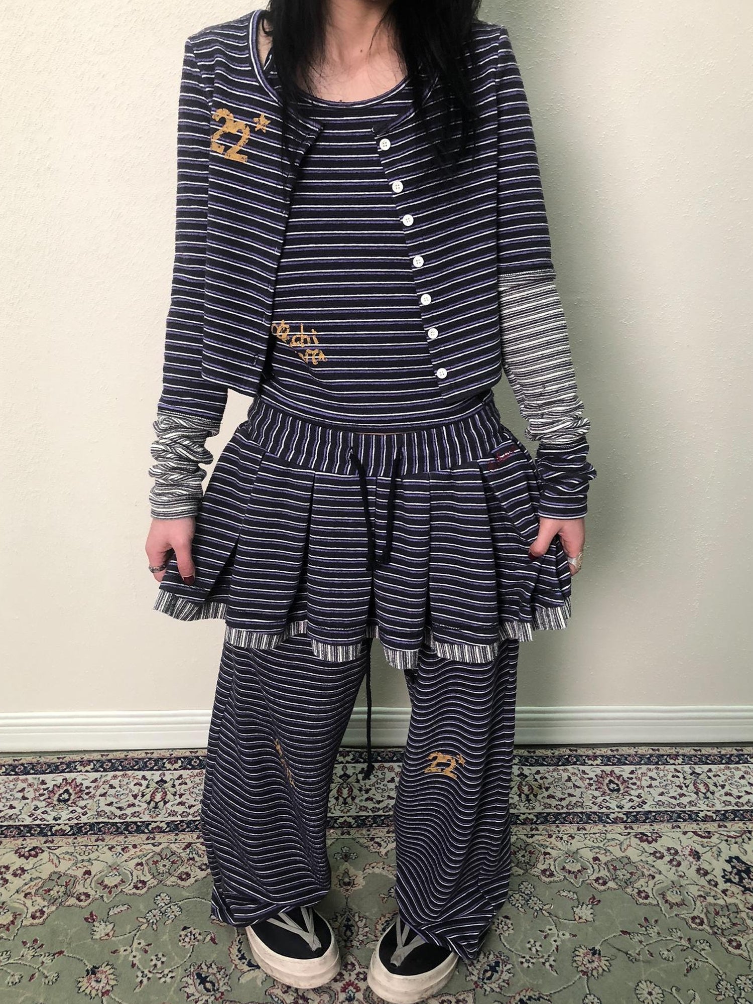 Achihara Breton Star Spot Pleated Mini Skirt Stretch Knit A Line