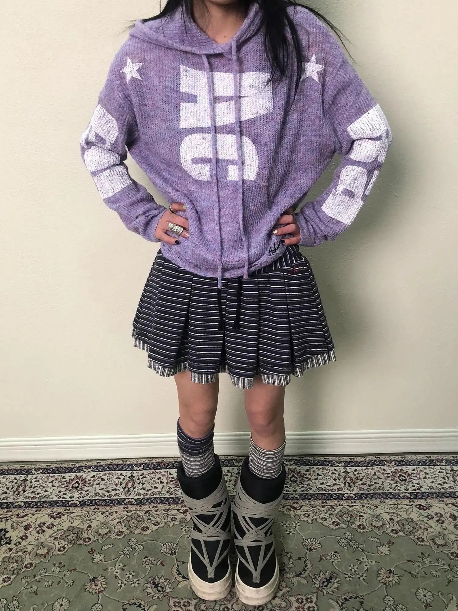 Breton Star Spot Pleated Mini Skirt Stretch Knit A Line