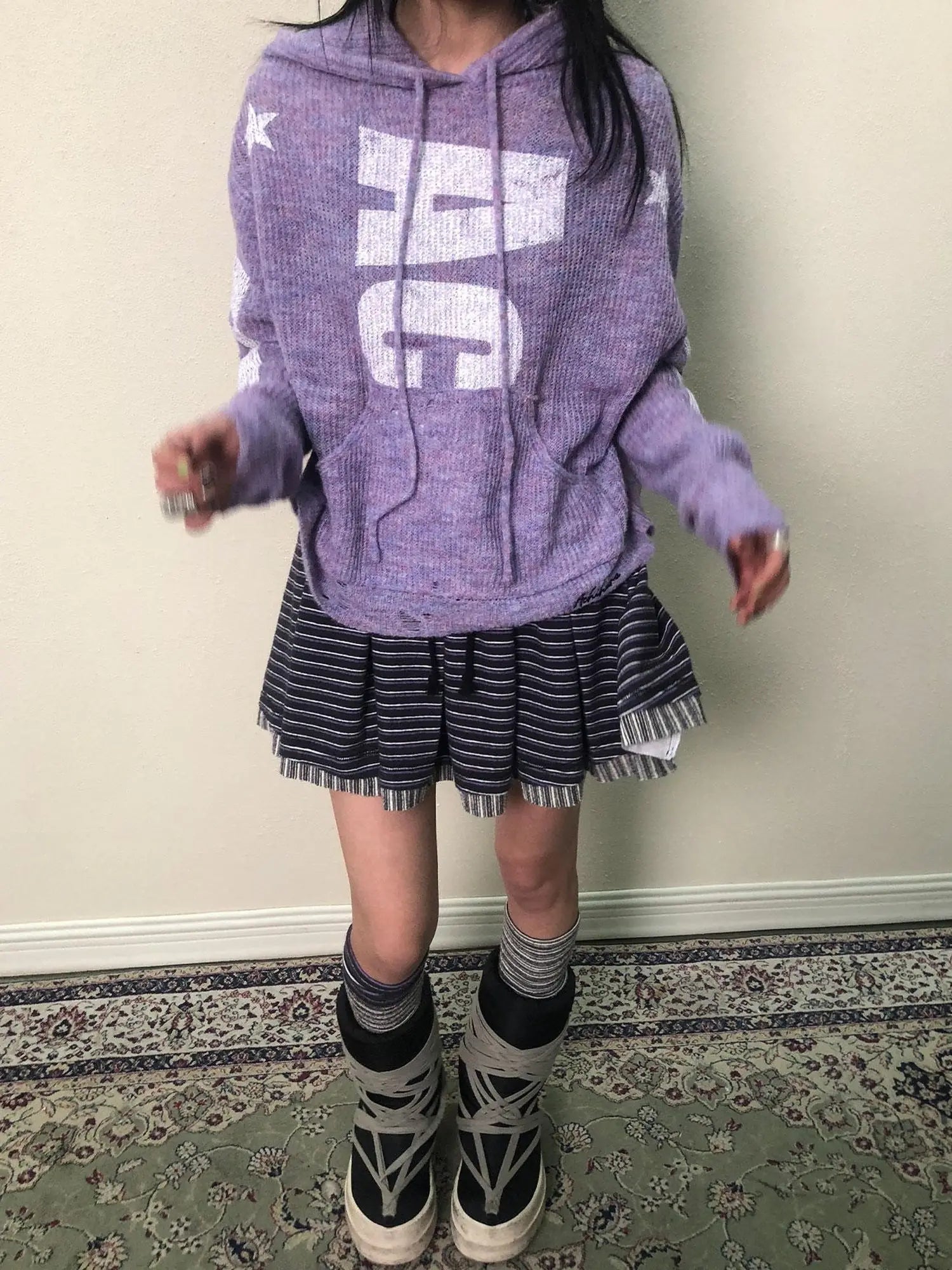 Breton Star Spot Pleated Mini Skirt Stretch Knit A Line