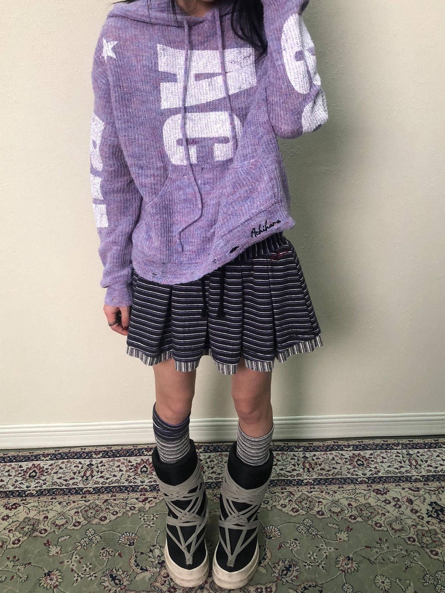Achihara Breton Star Spot Pleated Mini Skirt Stretch Knit A Line