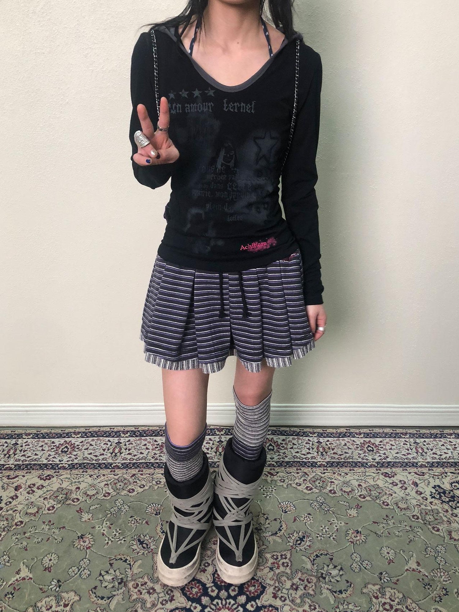 Achihara Breton Star Spot Pleated Mini Skirt Stretch Knit A Line