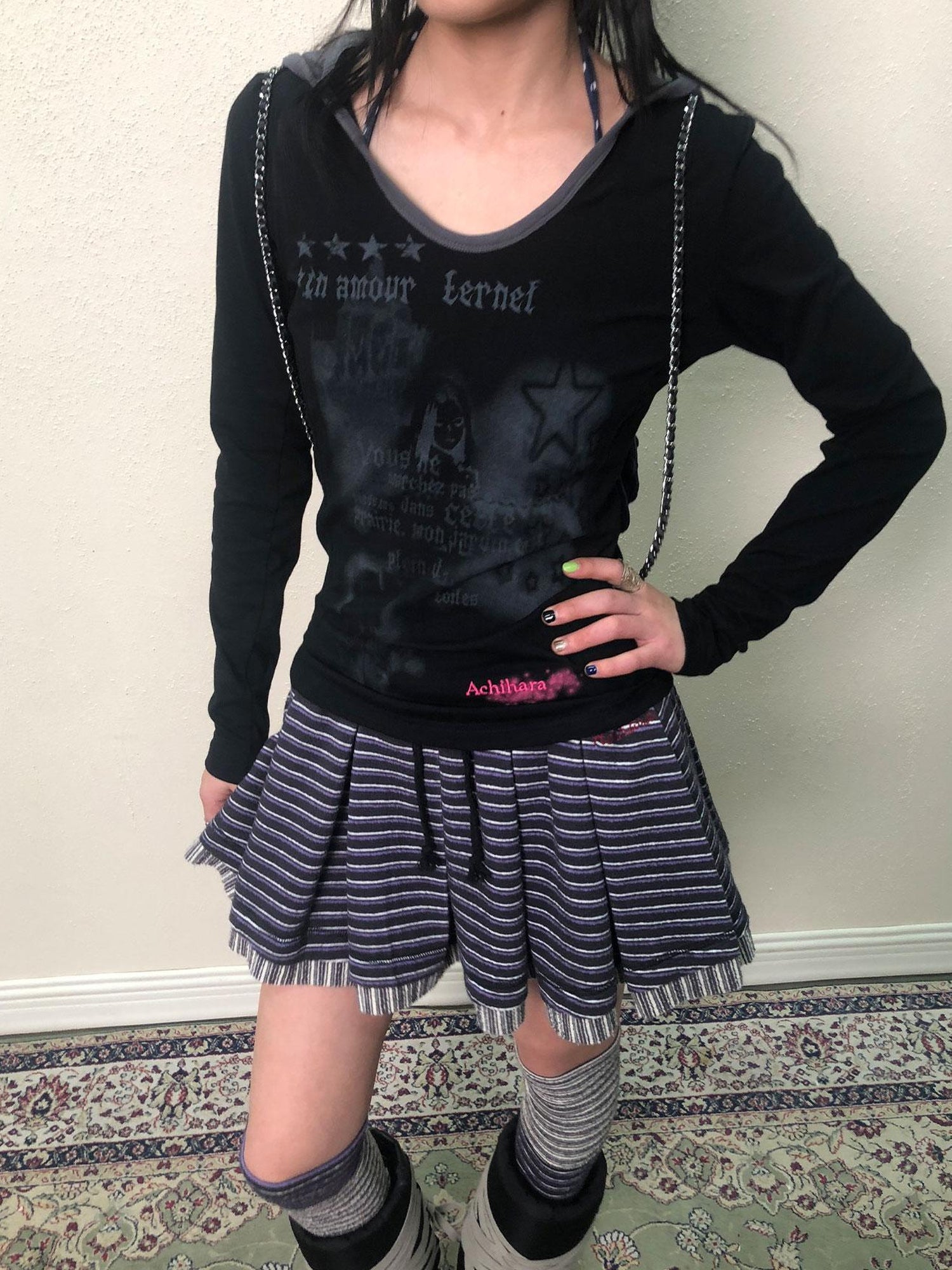 Achihara Breton Star Spot Pleated Mini Skirt Stretch Knit A Line