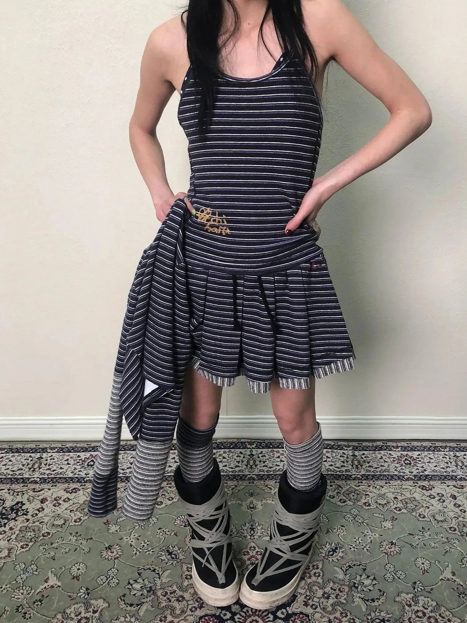 Breton Star Spot Pleated Mini Skirt Stretch Knit A Line
