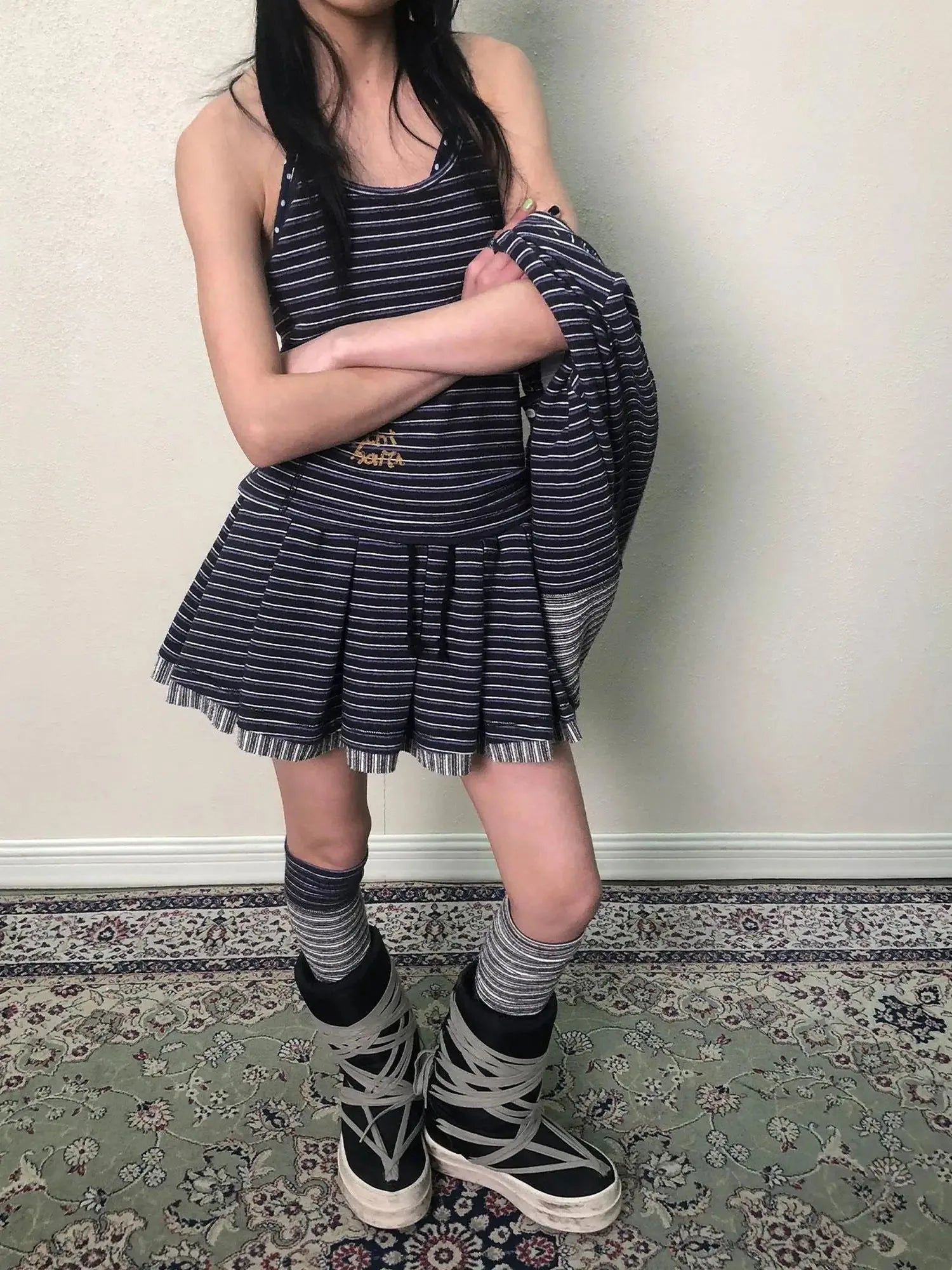 Breton Star Spot Pleated Mini Skirt Stretch Knit A Line