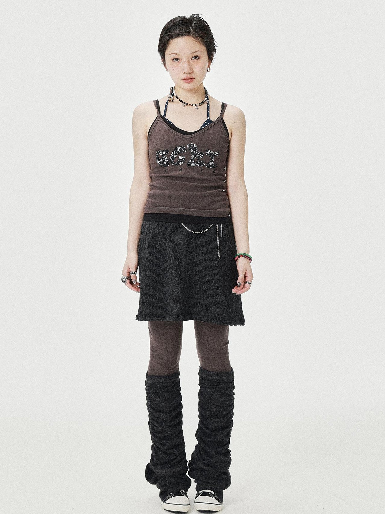 Achihara Brittany Becky Skull Embroidered Ribbed Tank Top