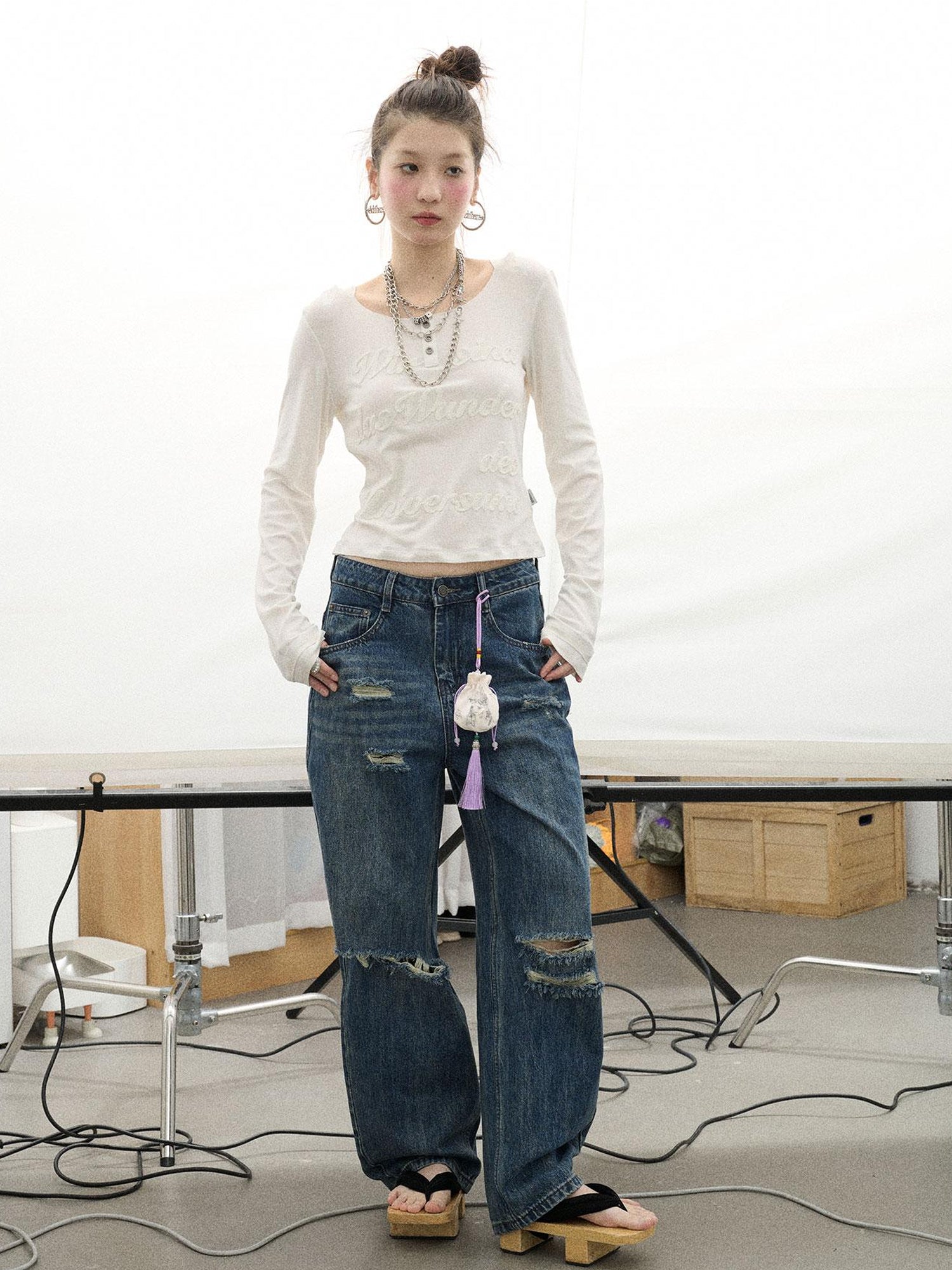 Achihara Carbon Jeans 2025 New Wide Leg Distressed Stacked Denim Pants