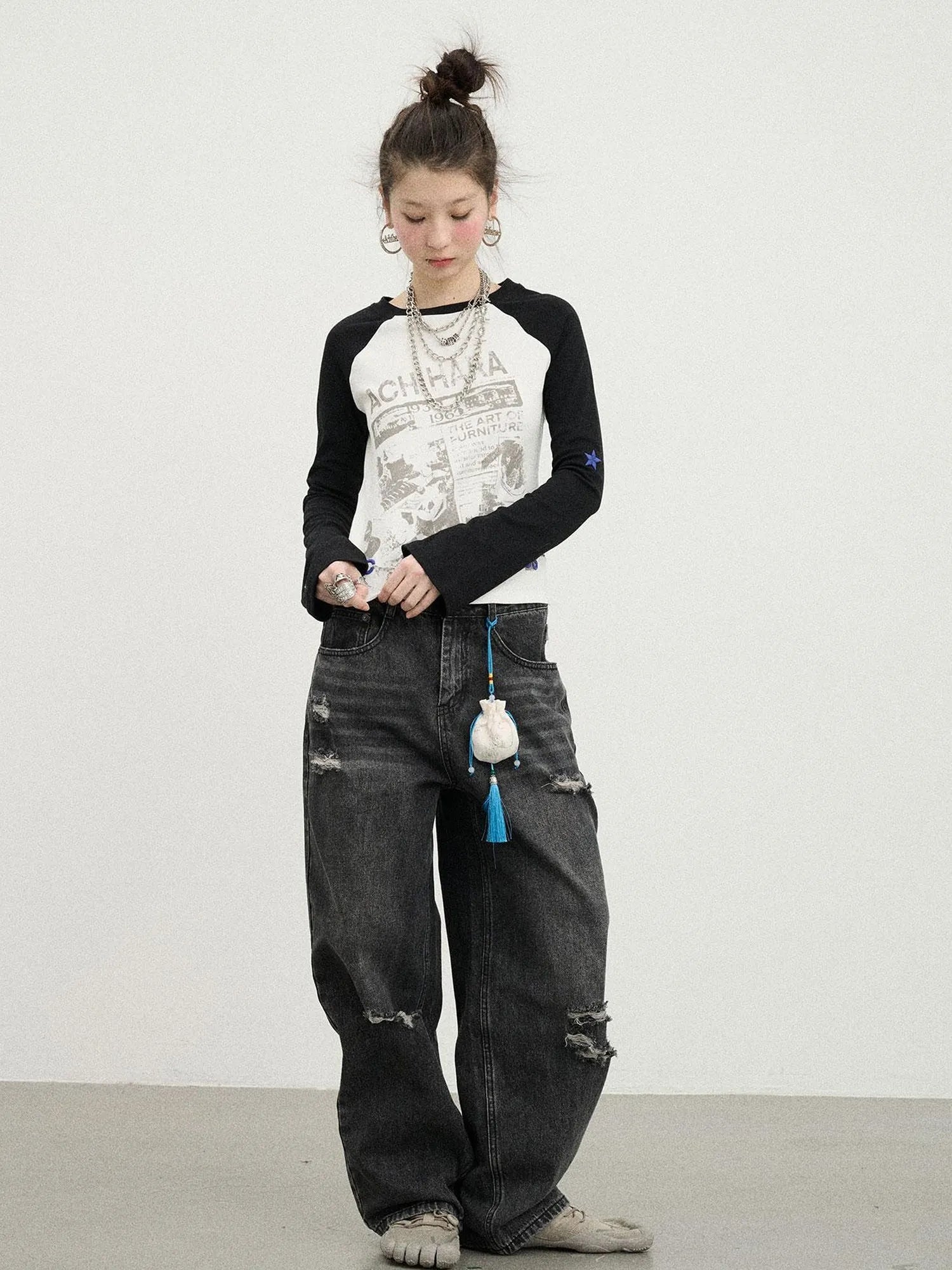 Carbon Jeans 2025 New Wide Leg Distressed Stacked Denim Pants