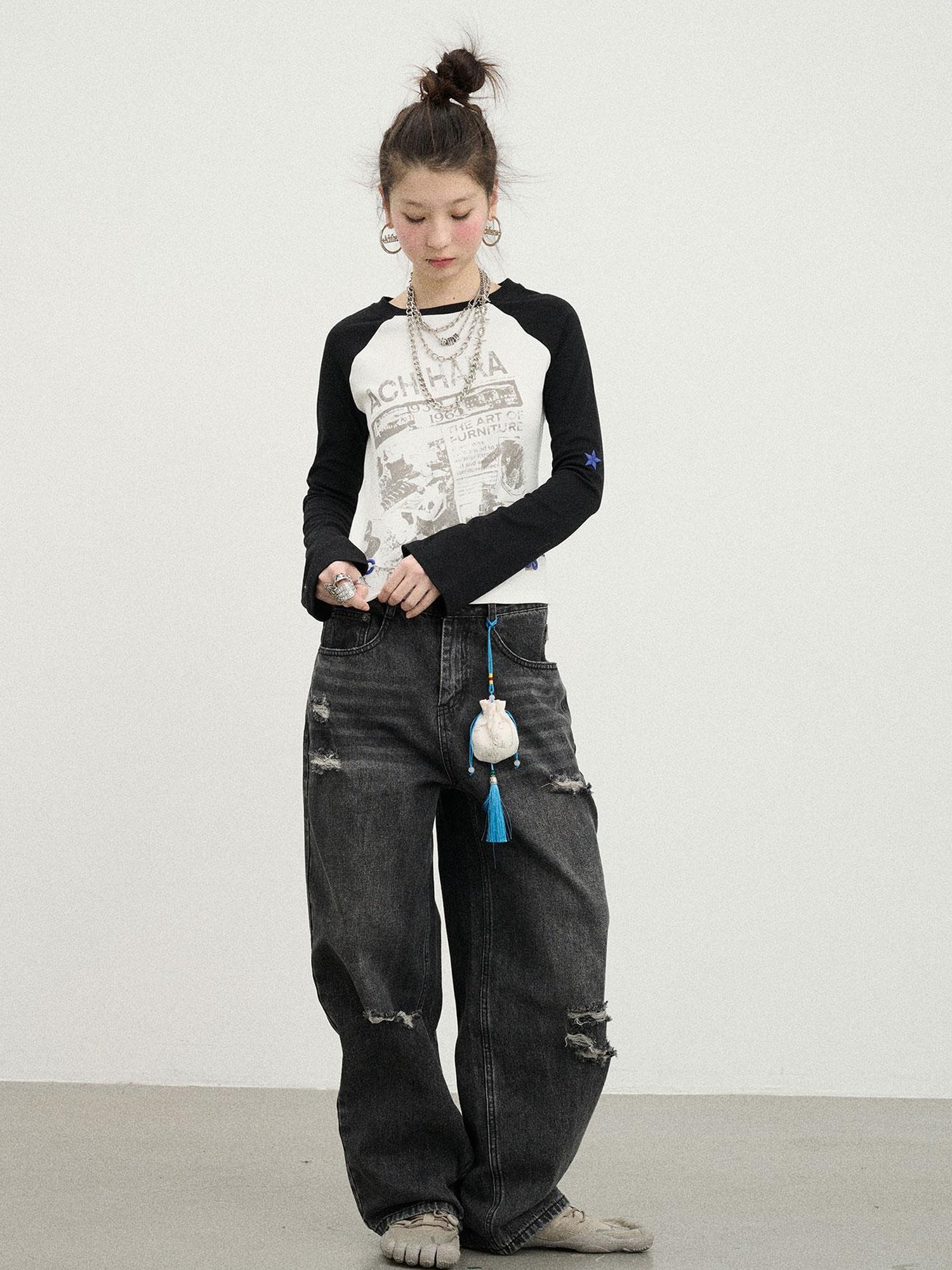 Achihara Carbon Jeans 2025 New Wide Leg Distressed Stacked Denim Pants