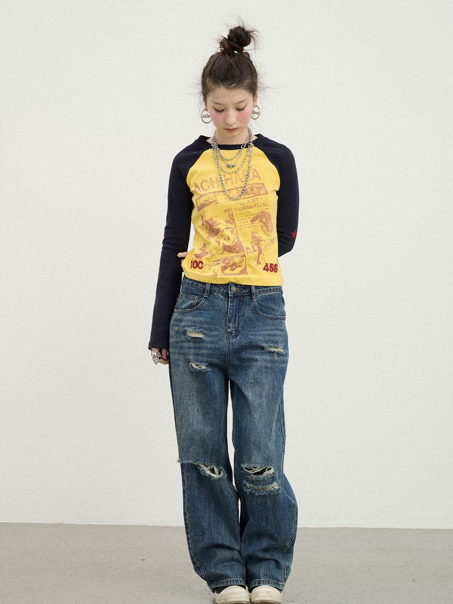 Achihara Carbon Jeans 2025 New Wide Leg Distressed Stacked Denim Pants