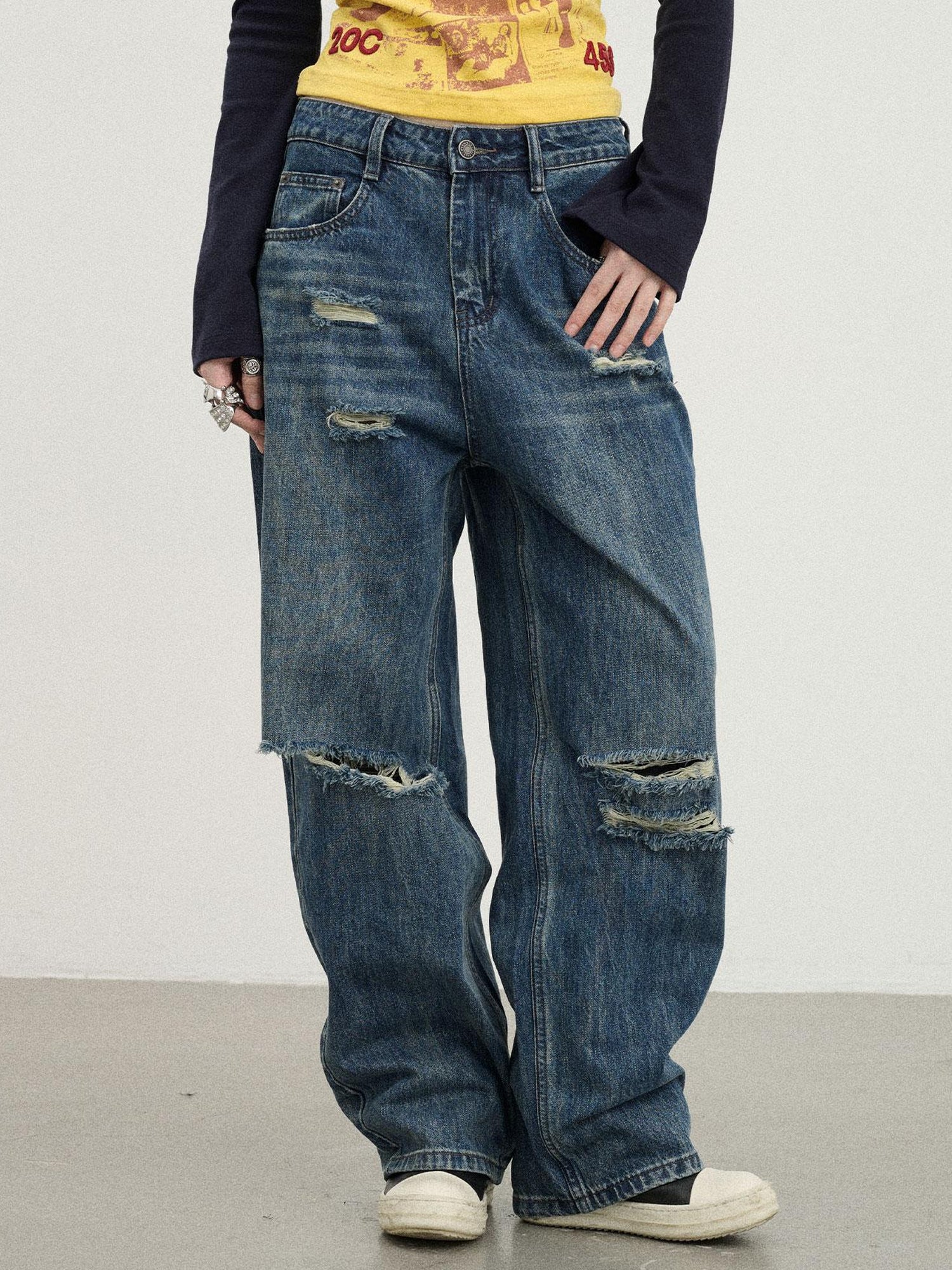 Achihara Carbon Jeans 2025 New Wide Leg Distressed Stacked Denim Pants