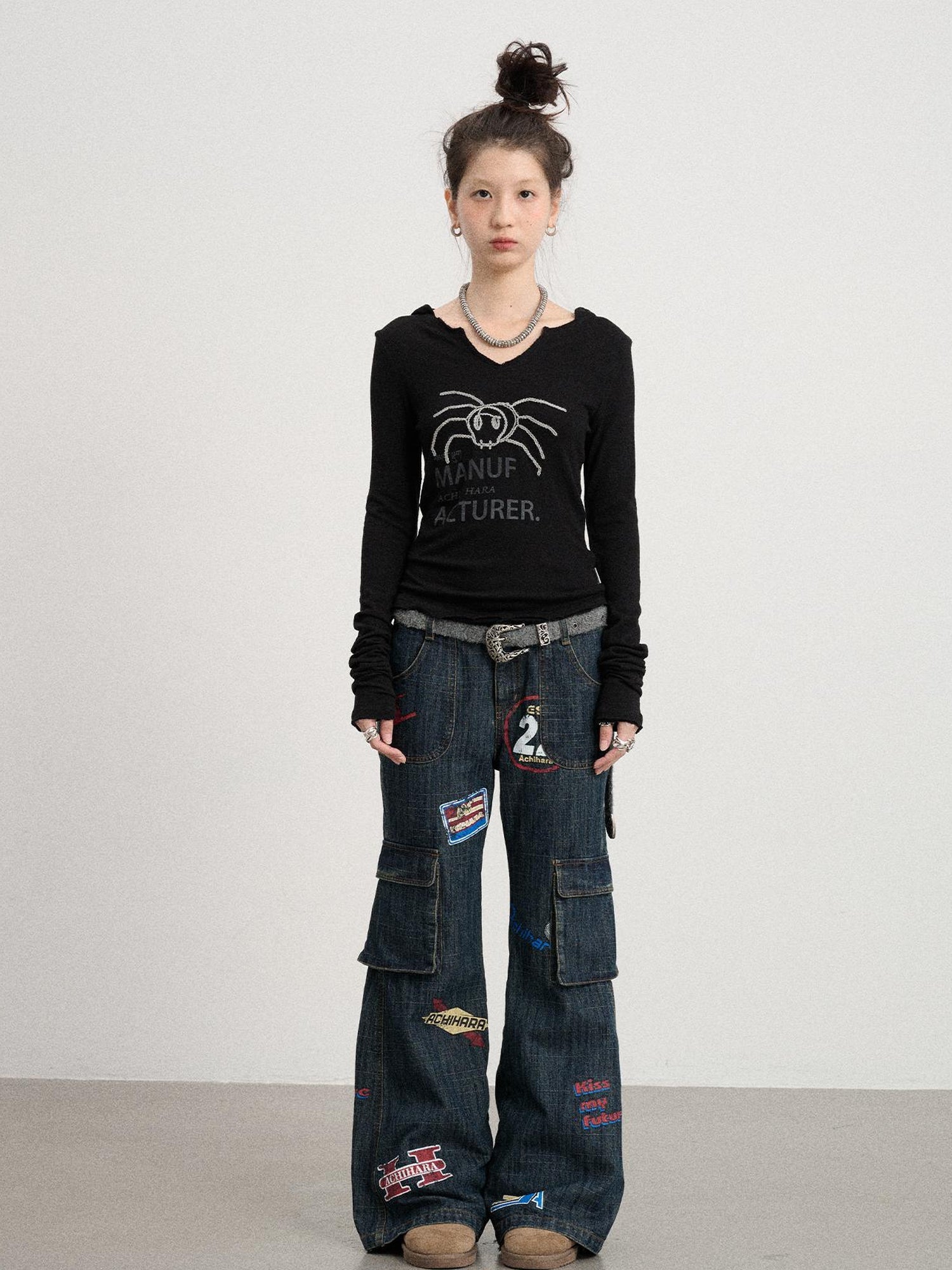 Achihara Chaos Spider Knit Tee V-Neck T-Shirt Long-Sleeve