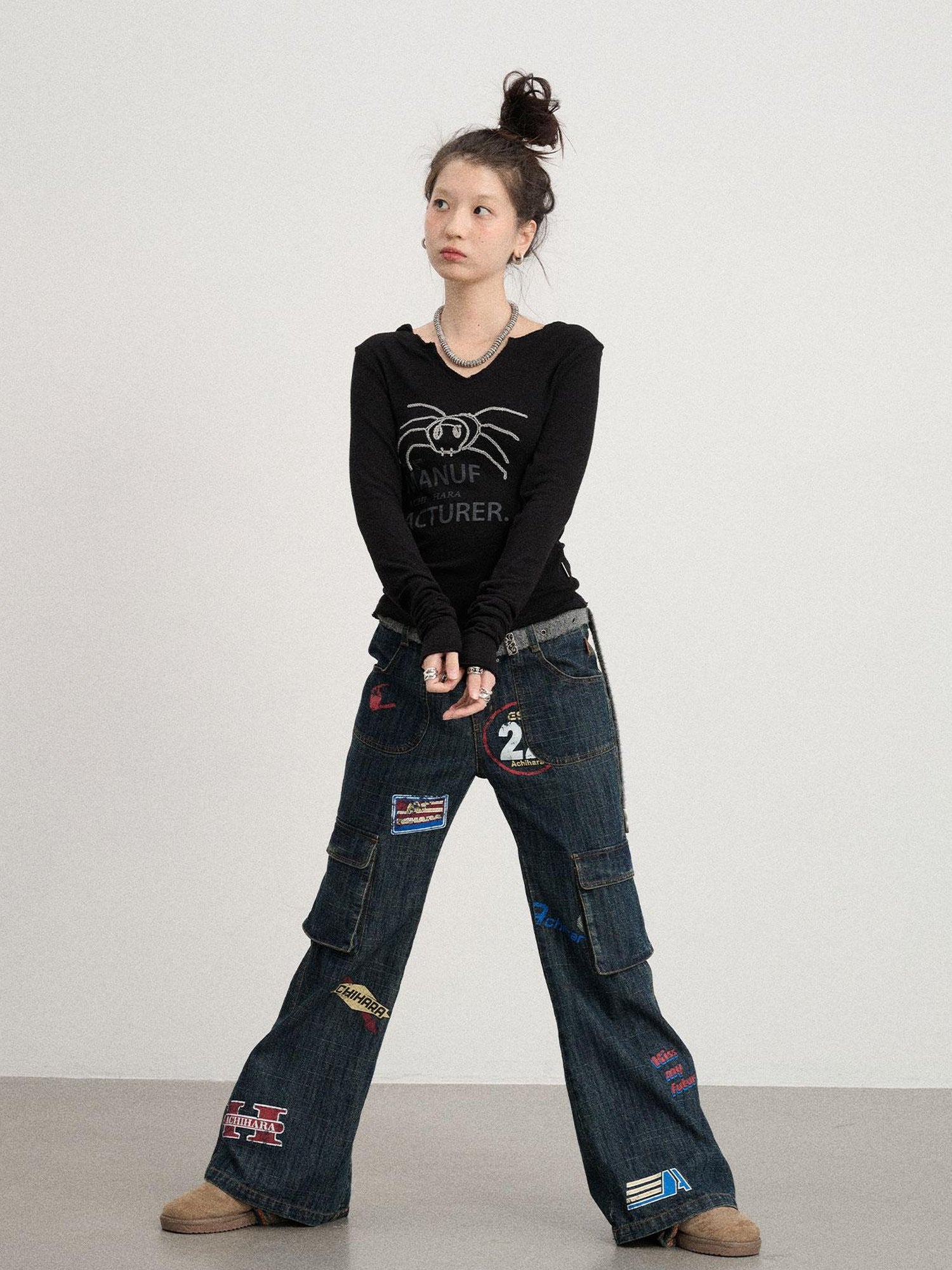 Achihara Chaos Spider Knit Tee V-Neck T-Shirt Long-Sleeve