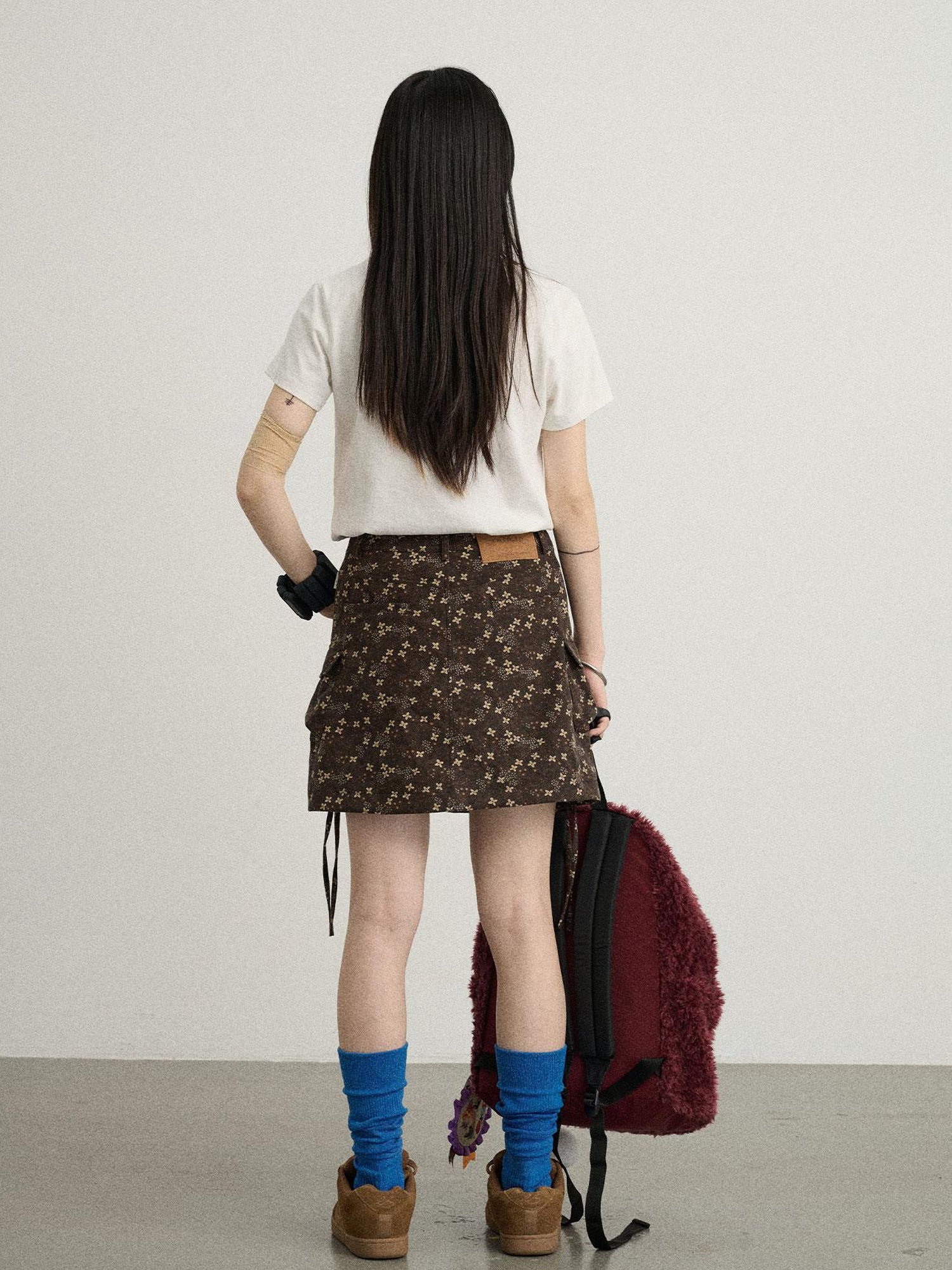 Achihara Chocolate Floral A-Line Utility Mini Skirt