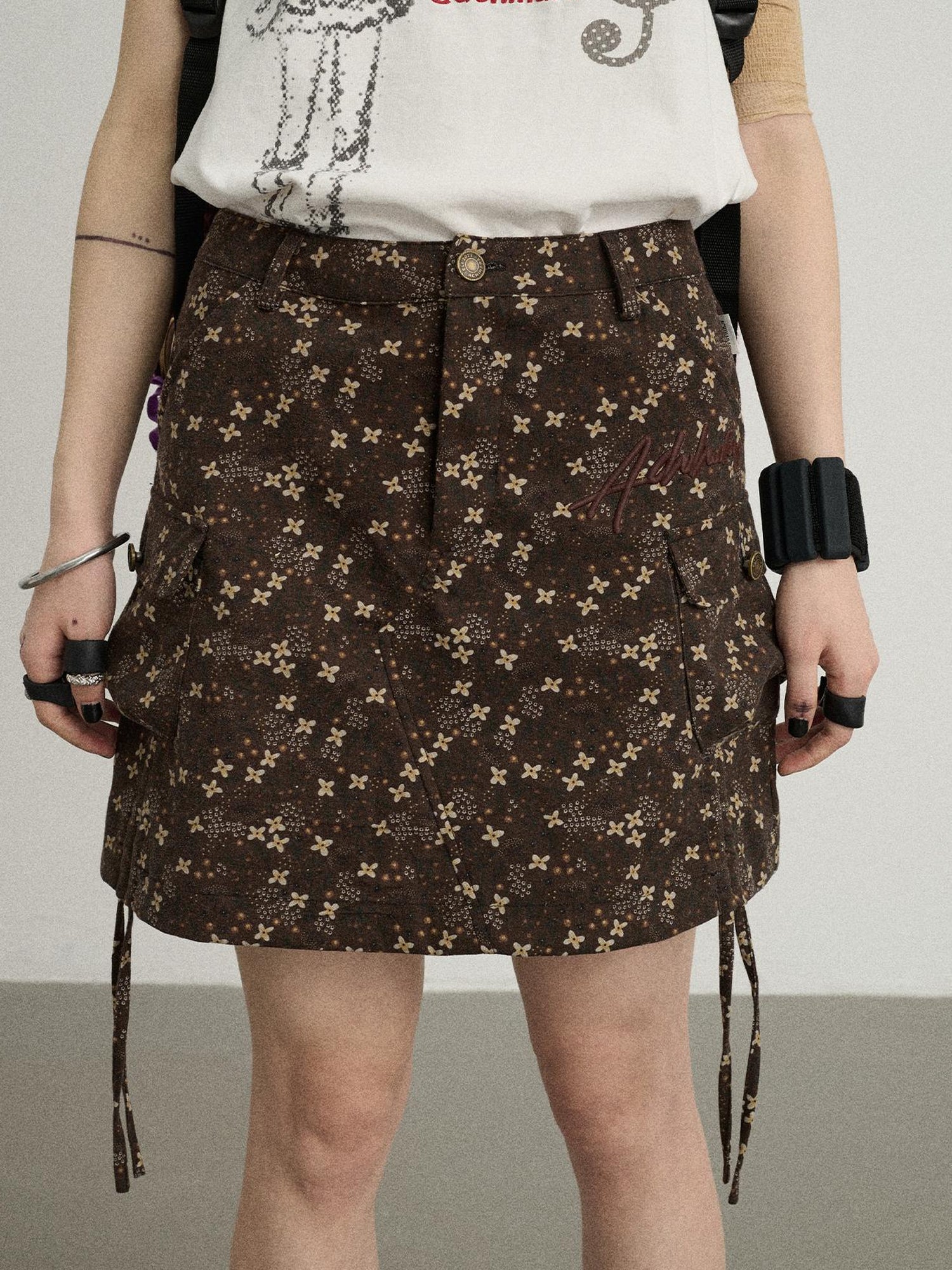 Achihara Chocolate Floral A-Line Utility Mini Skirt