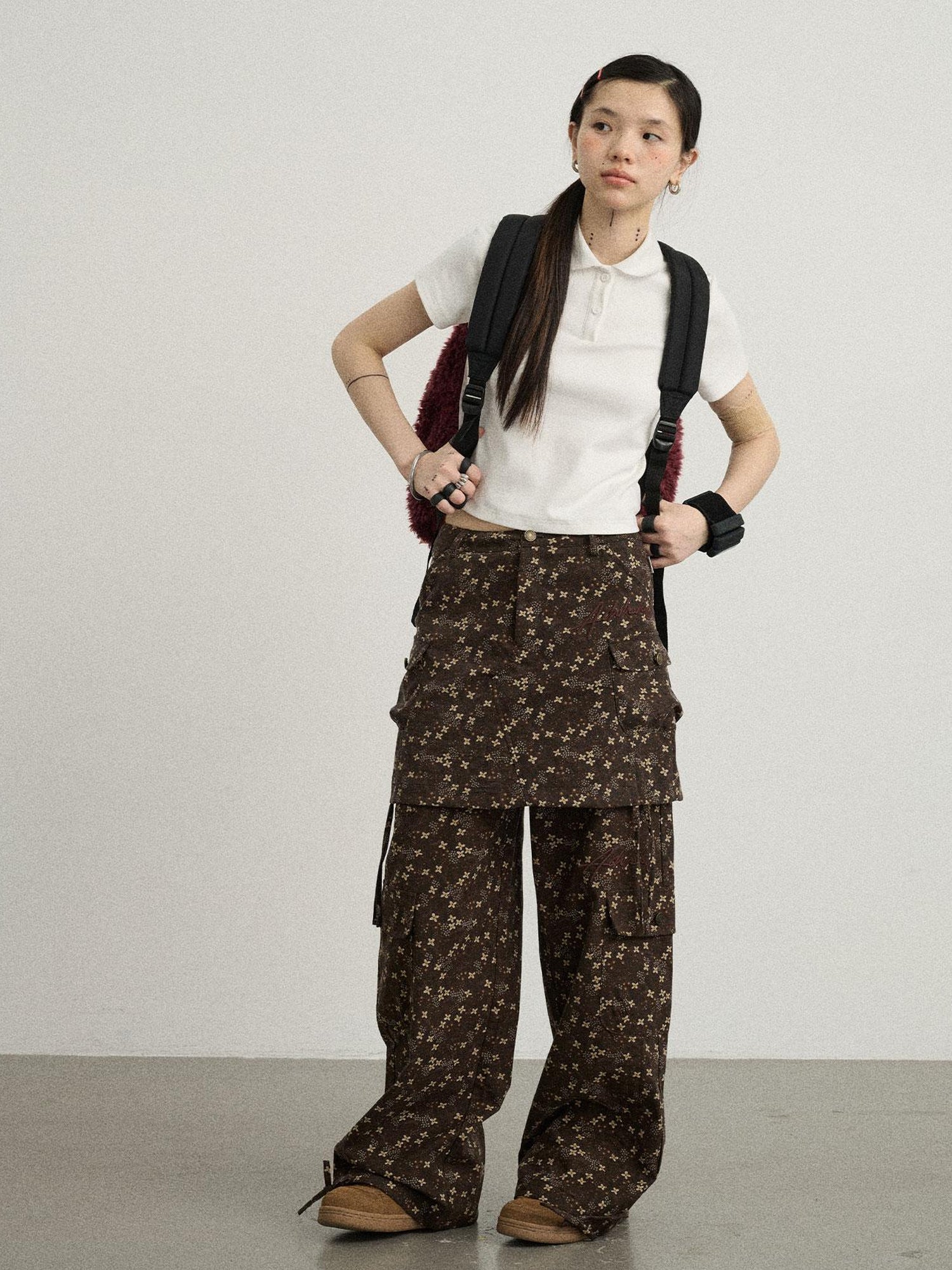 Achihara Chocolate Floral A-Line Utility Mini Skirt