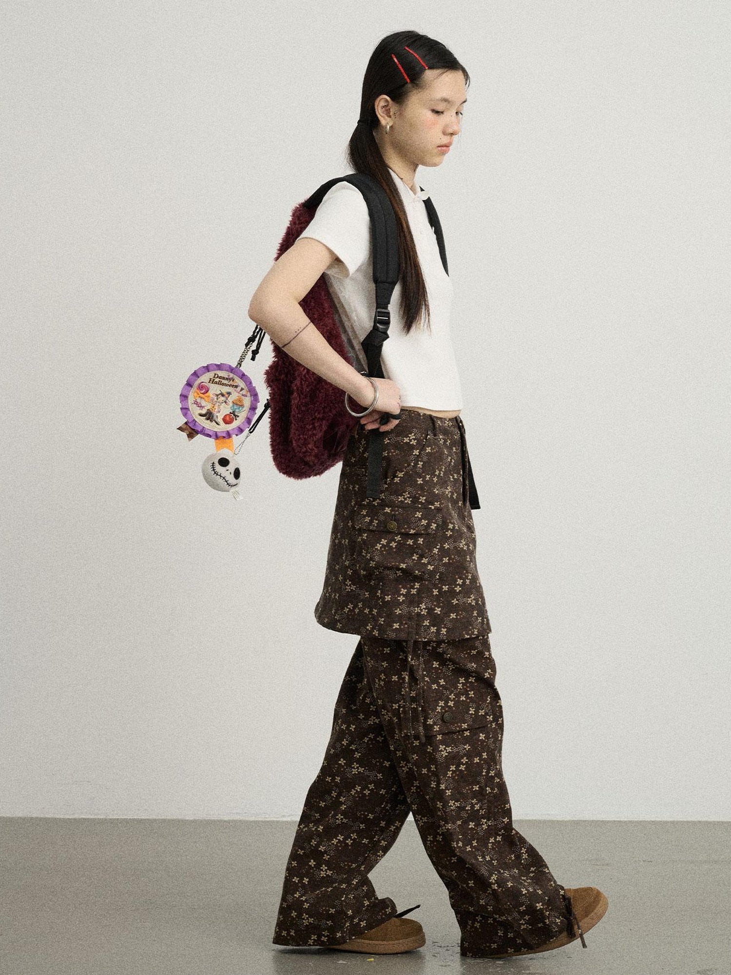 Achihara Chocolate Floral A-Line Utility Mini Skirt
