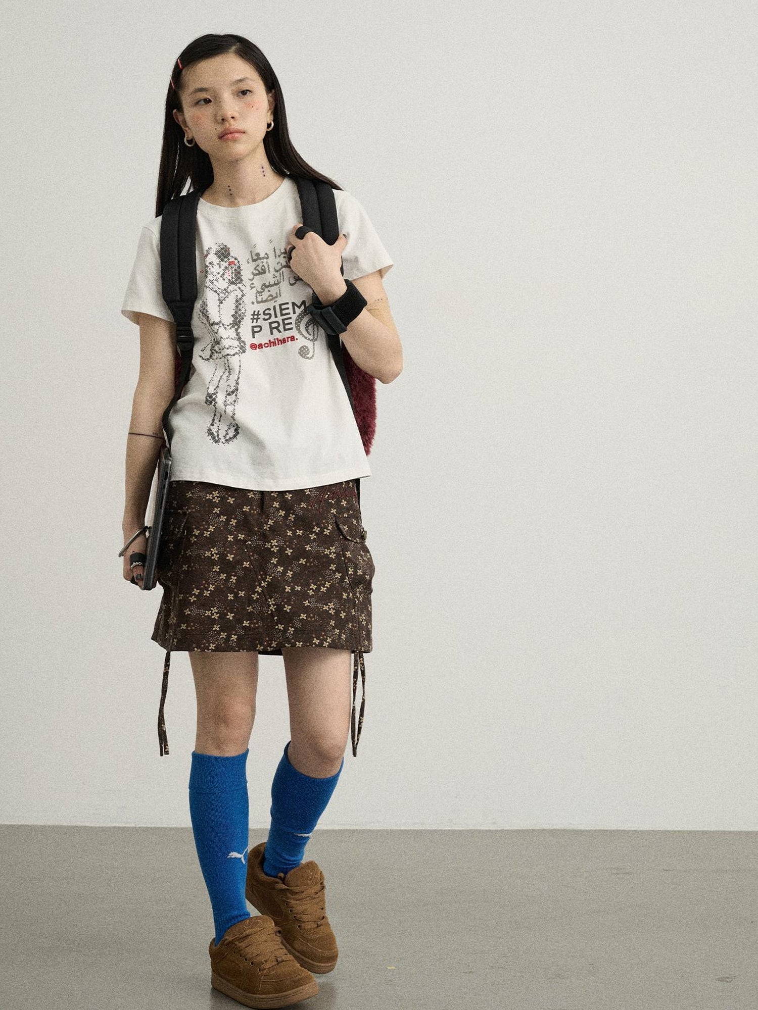 Achihara Chocolate Floral A-Line Utility Mini Skirt