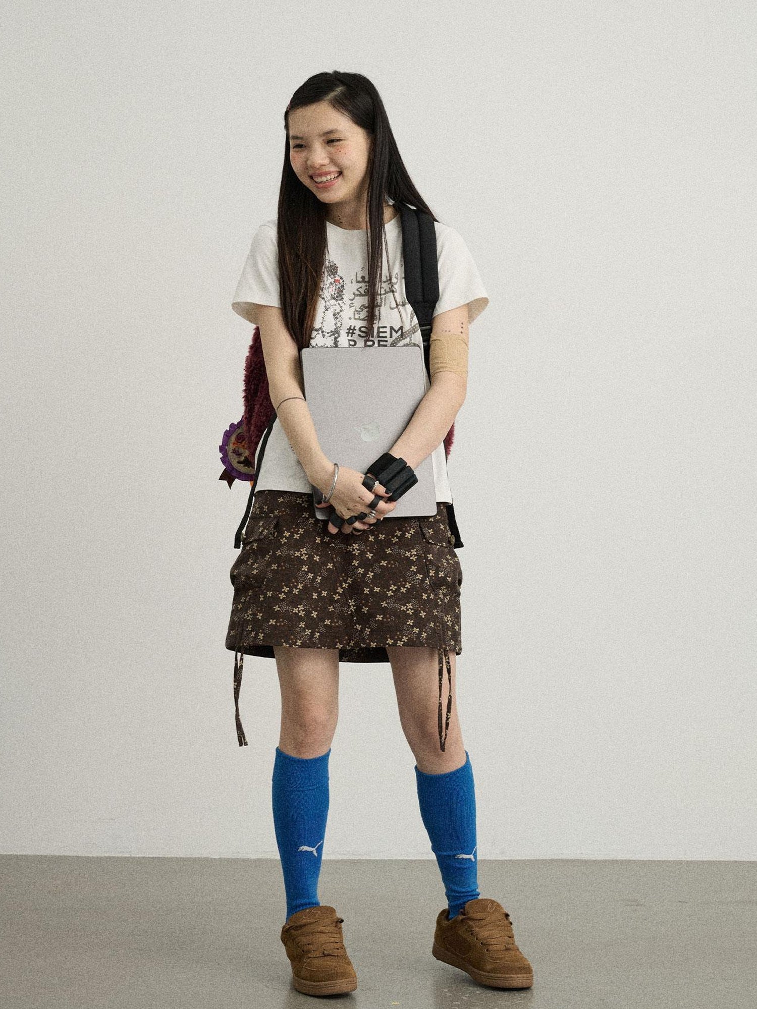 Achihara Chocolate Floral A-Line Utility Mini Skirt