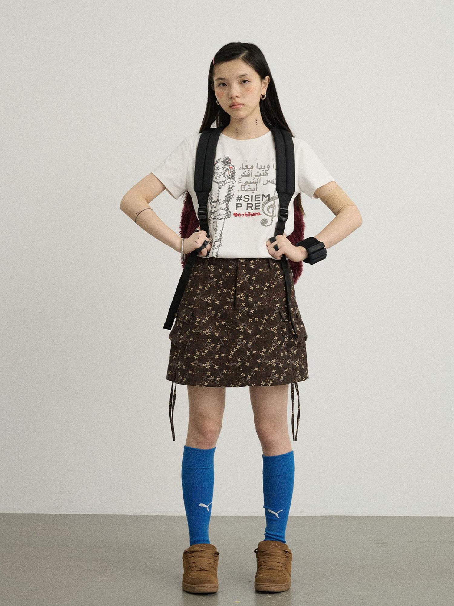 Achihara Chocolate Floral A-Line Utility Mini Skirt