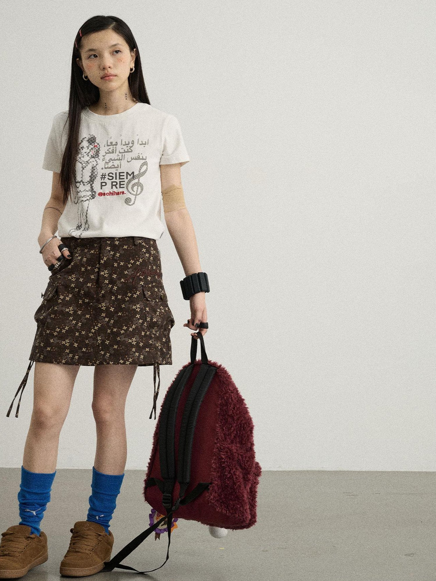 Achihara Chocolate Floral A-Line Utility Mini Skirt