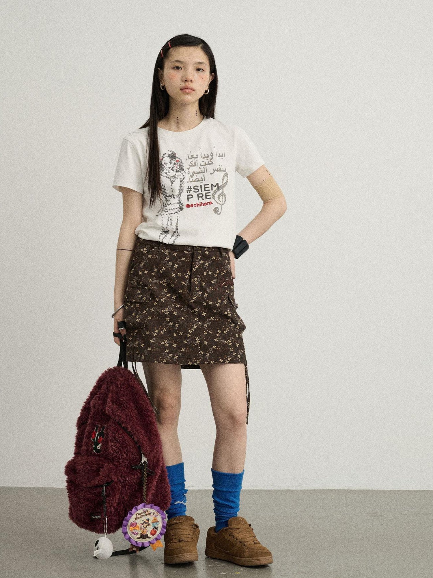 Achihara Chocolate Floral A-Line Utility Mini Skirt