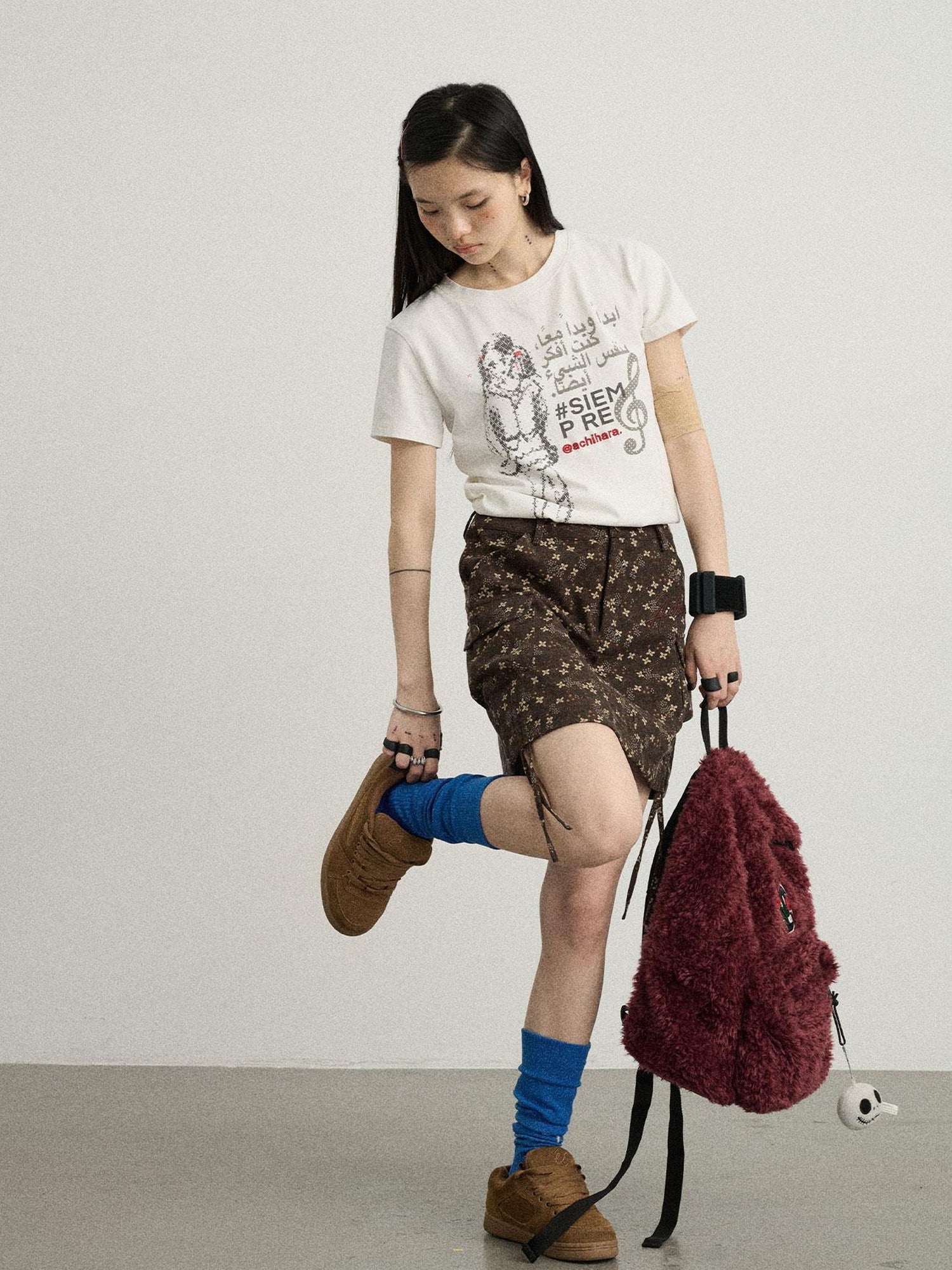 Achihara Chocolate Floral A-Line Utility Mini Skirt