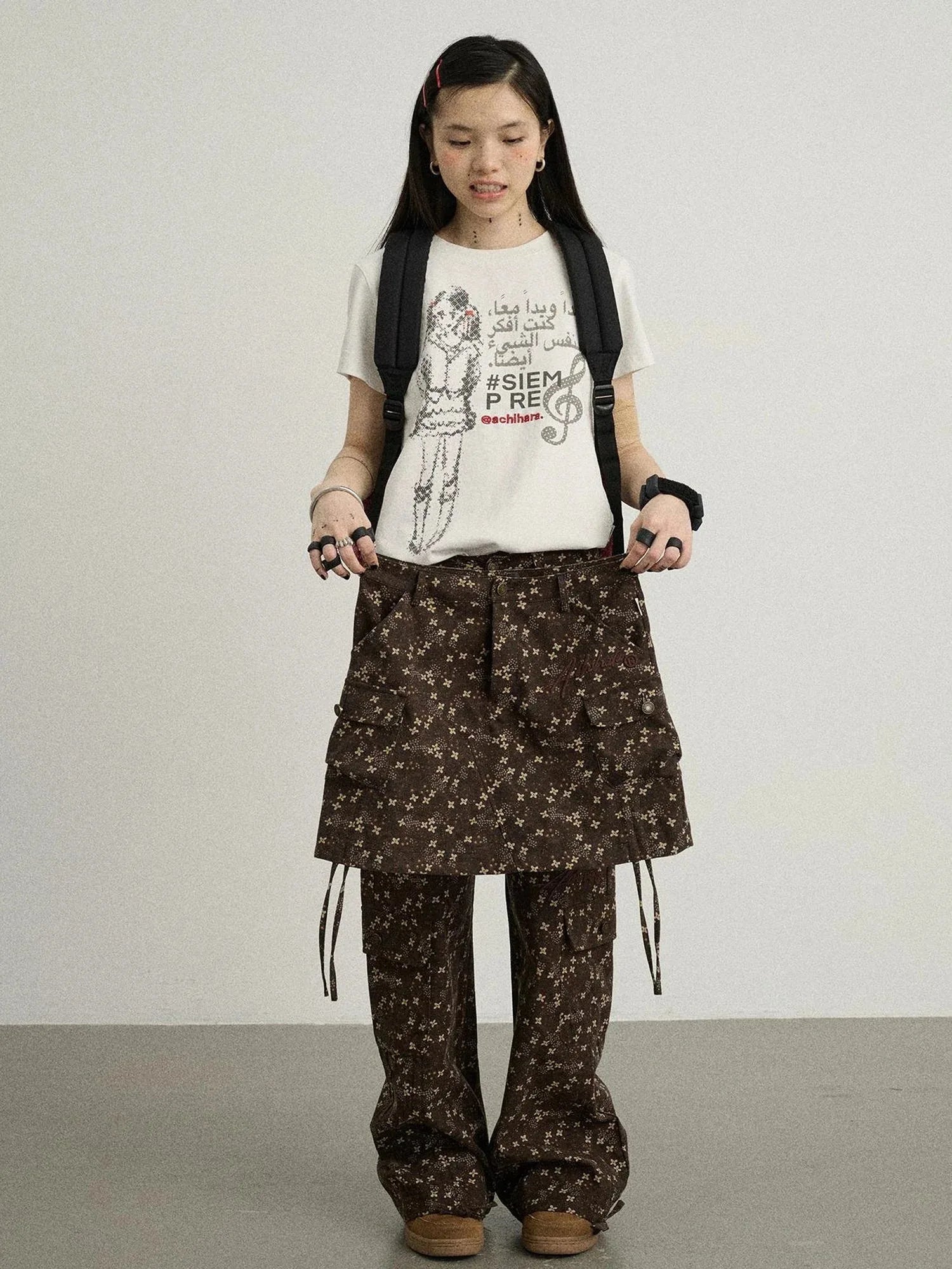 Chocolate Floral Print Wide Leg Trousers With Adjustable Hem