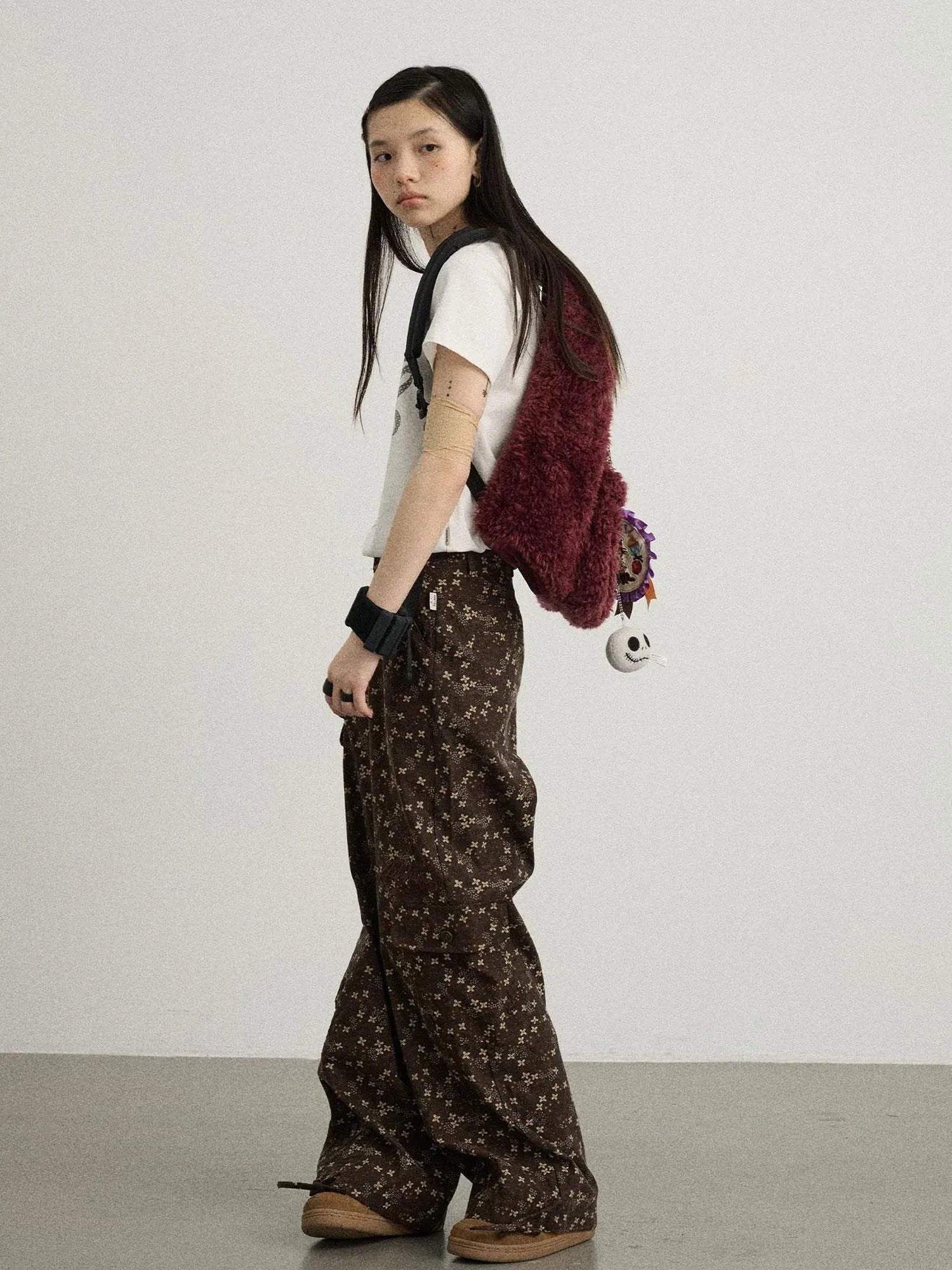 Chocolate Floral Print Wide Leg Trousers With Adjustable Hem