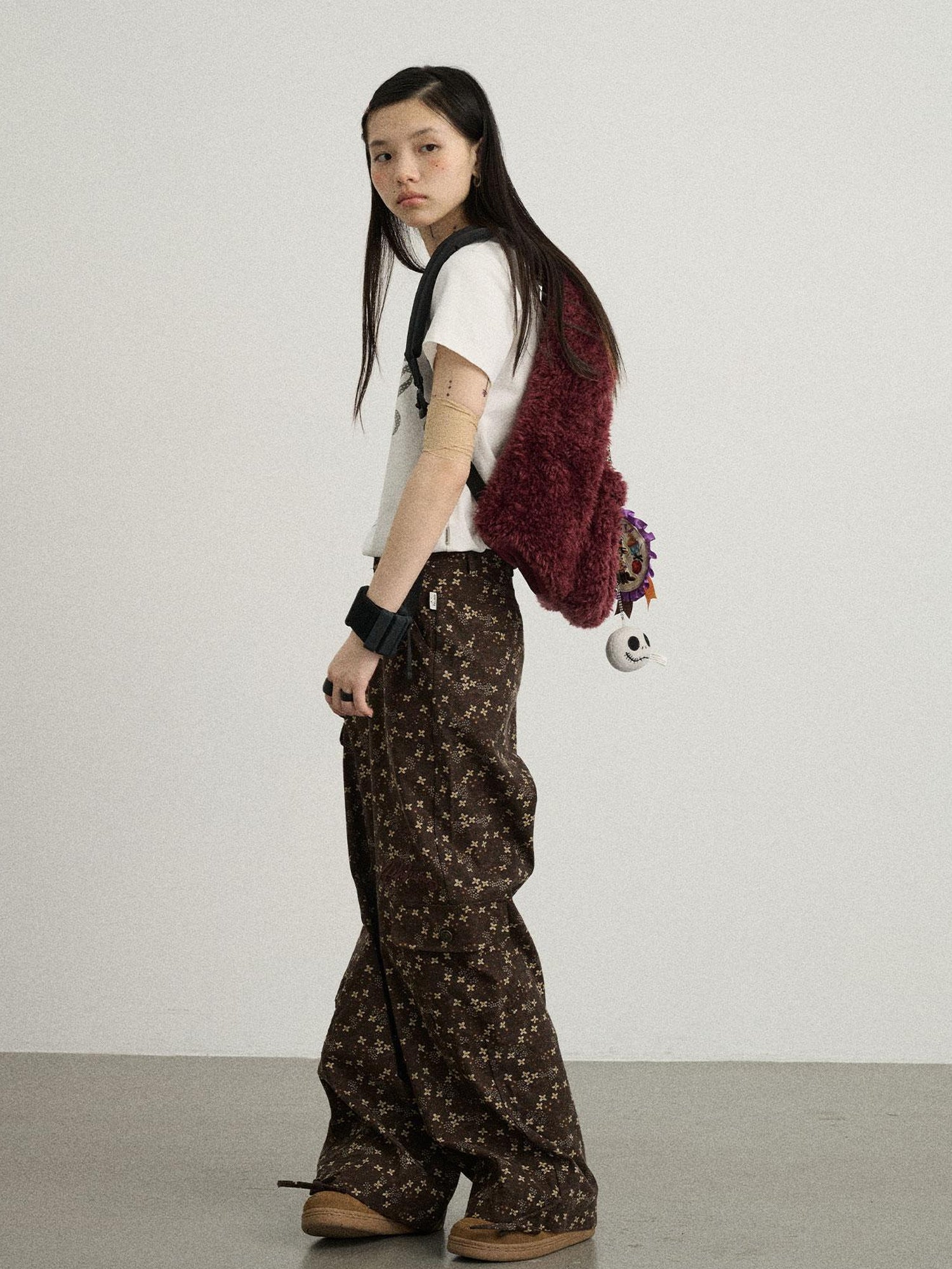Achihara Chocolate Floral Print Wide Leg Trousers With Adjustable Hem