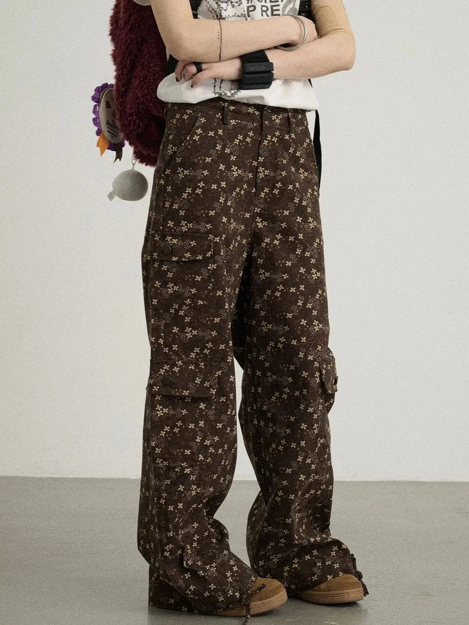 Chocolate Floral Print Wide Leg Trousers With Adjustable Hem