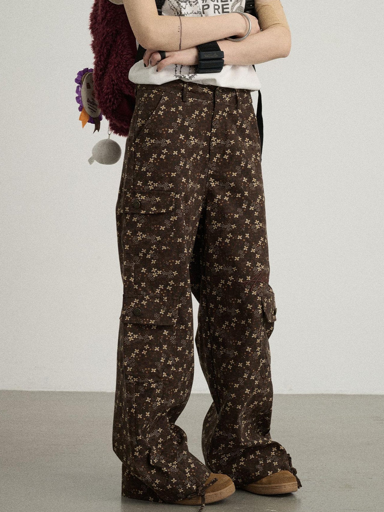 Achihara Chocolate Floral Print Wide Leg Trousers With Adjustable Hem