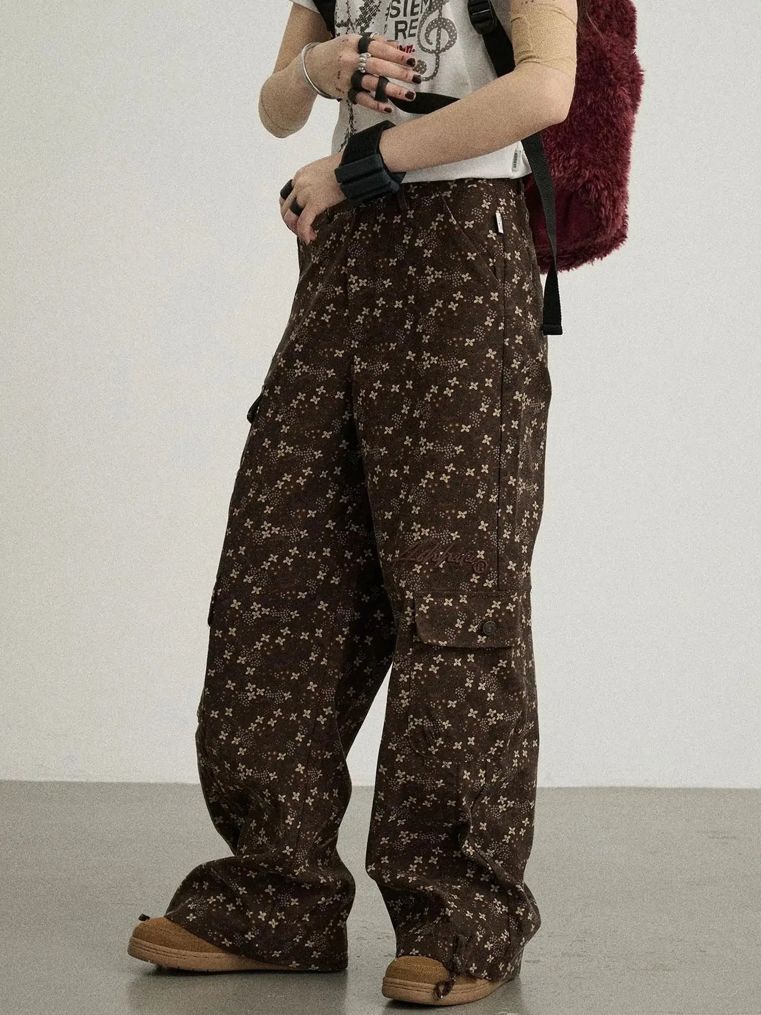 Chocolate Floral Print Wide Leg Trousers With Adjustable Hem