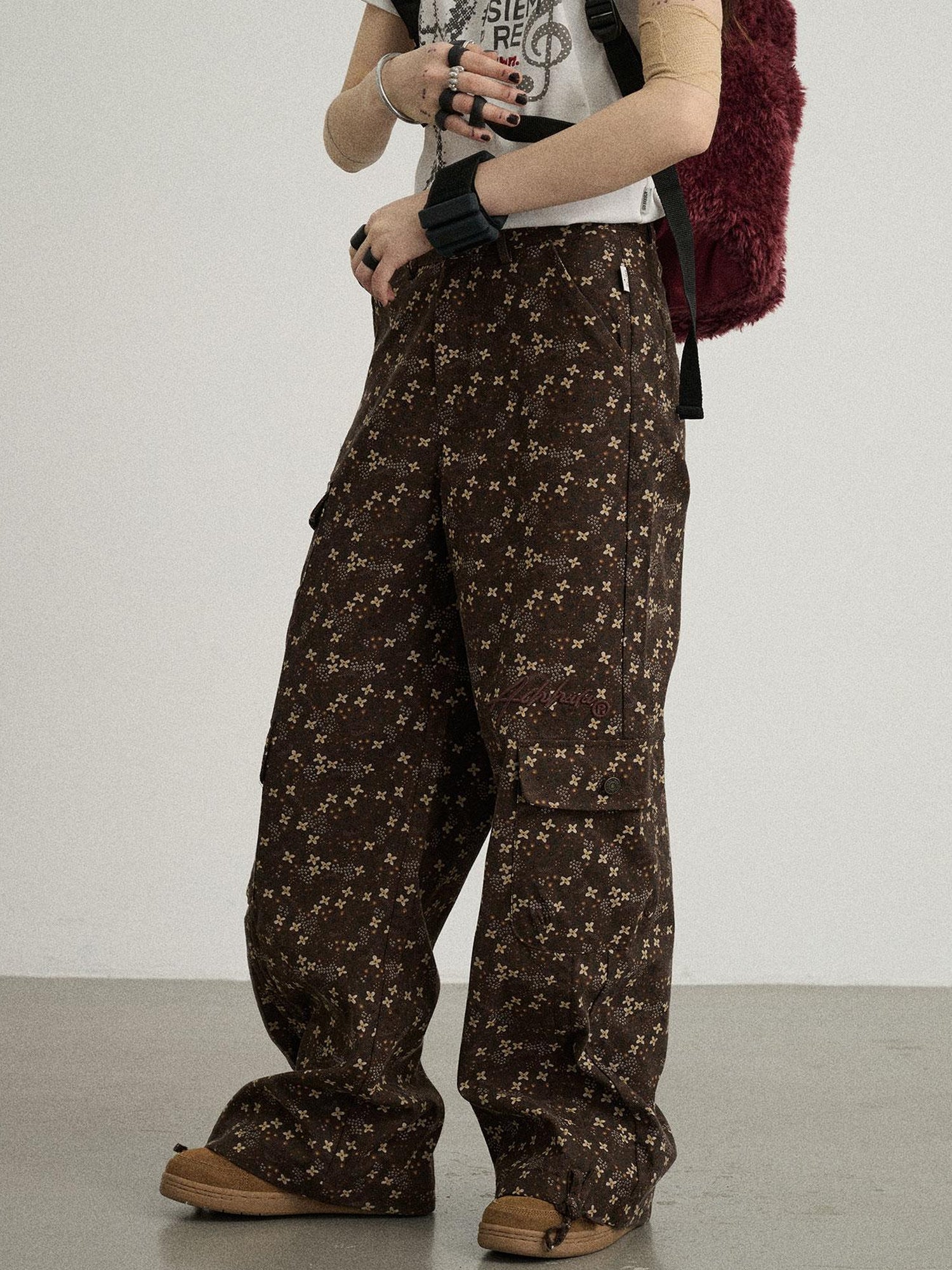Achihara Chocolate Floral Print Wide Leg Trousers With Adjustable Hem
