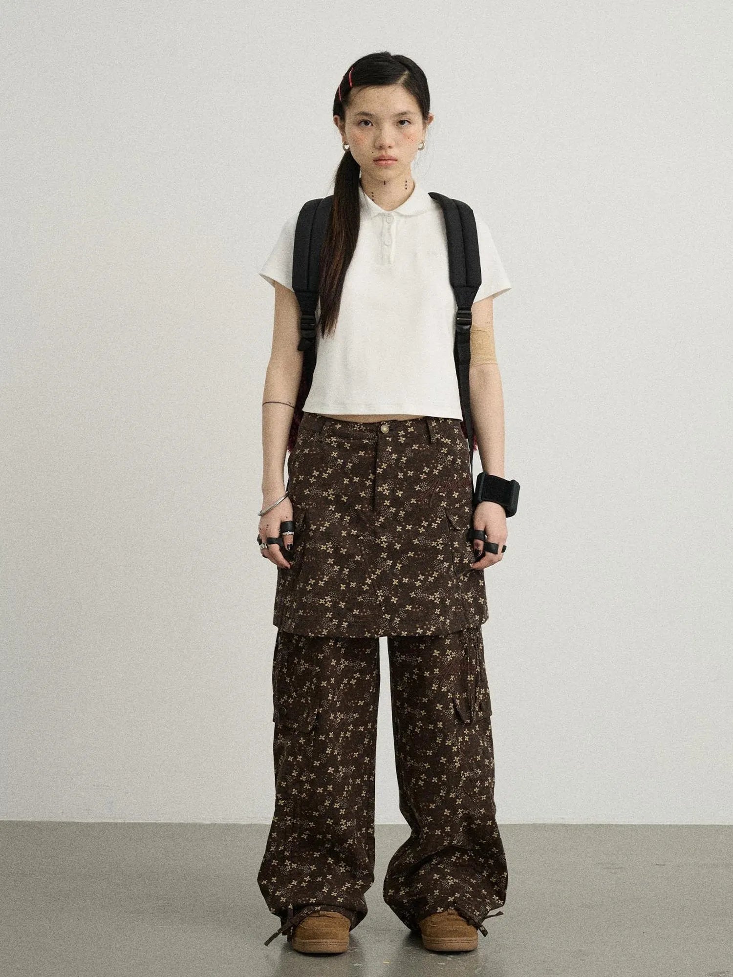 Chocolate Floral Print Wide Leg Trousers With Adjustable Hem