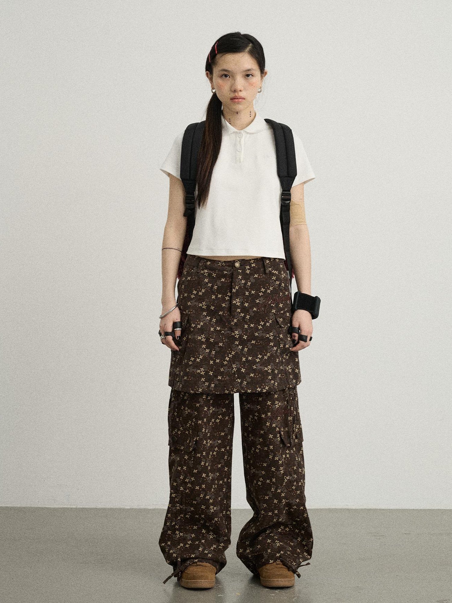 Achihara Chocolate Floral Print Wide Leg Trousers With Adjustable Hem