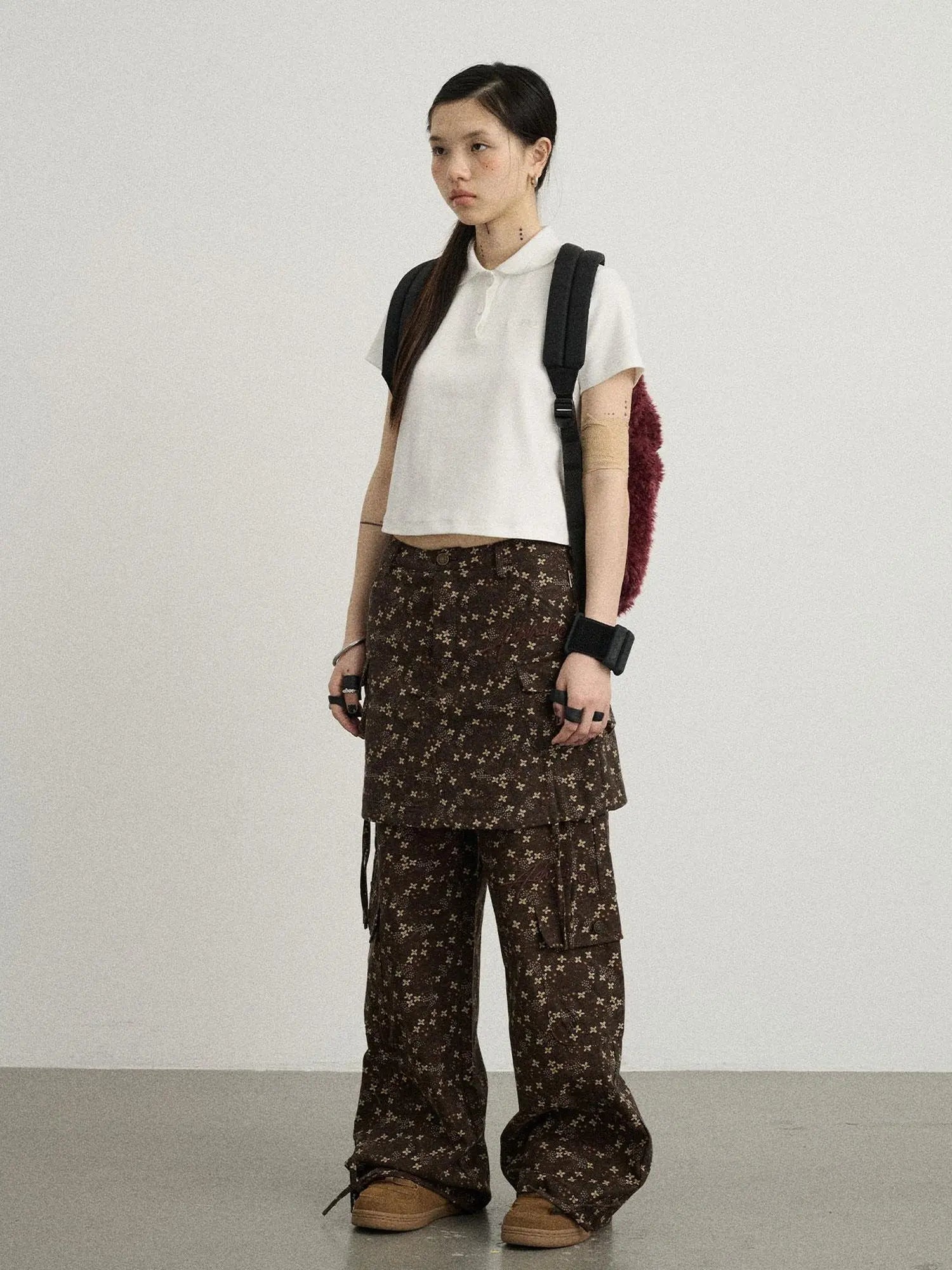 Chocolate Floral Print Wide Leg Trousers With Adjustable Hem